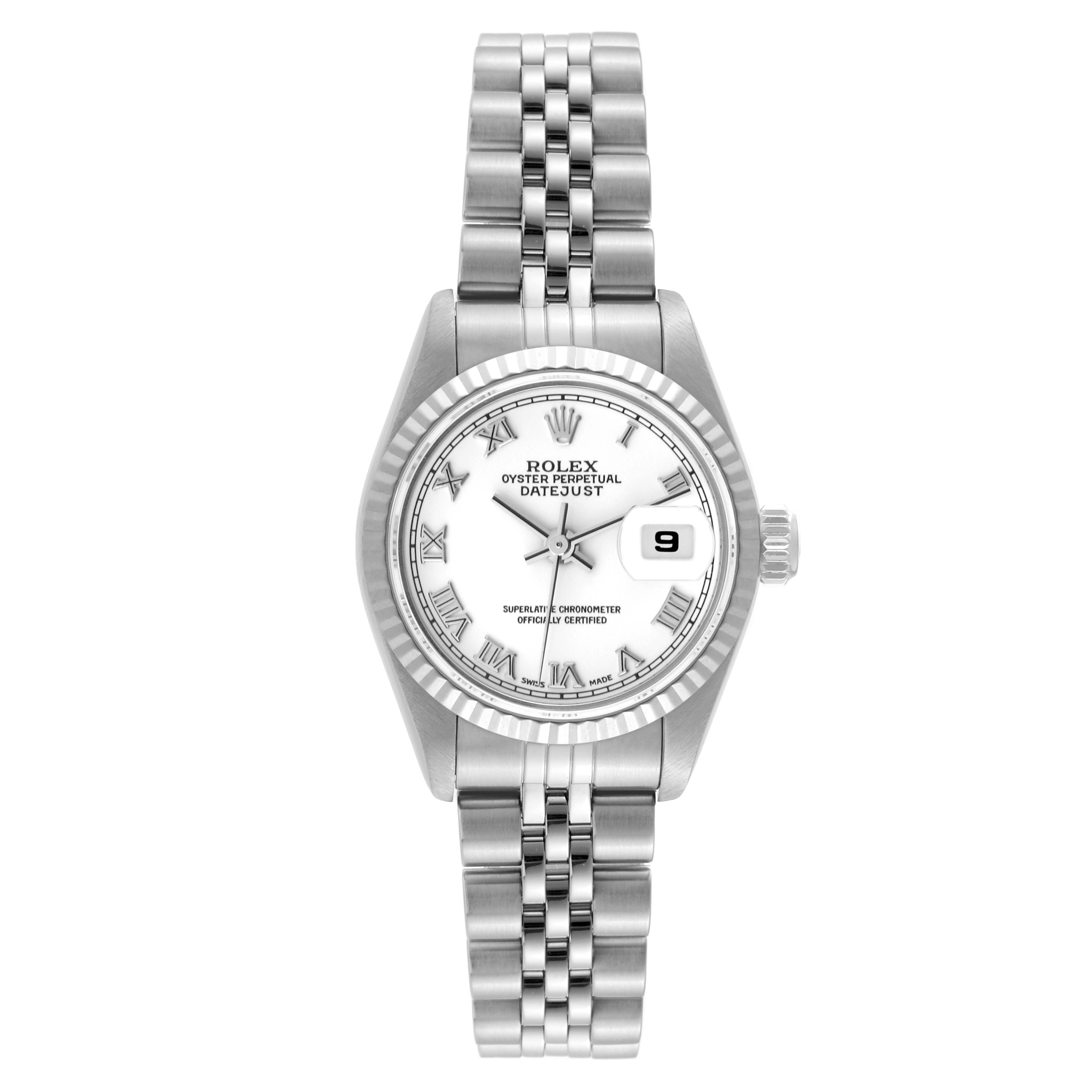 This image shows a Rolex Datejust 79174 Women's Stainless Steel White Dial 79174 Women's Stainless Steel White Dial watch from a front angle, displaying the dial, bezel, and bracelet.