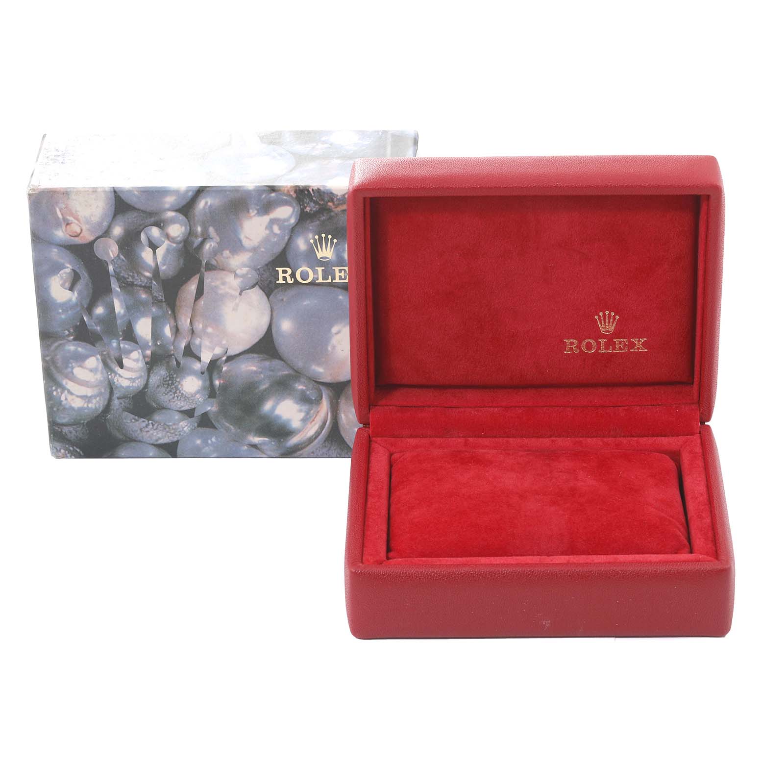 The image shows a red Rolex Datejust 79174 Women's Stainless Steel White Dial 79174 Women's Stainless Steel White Dial watch box with the lid open and the exterior packaging in the background.