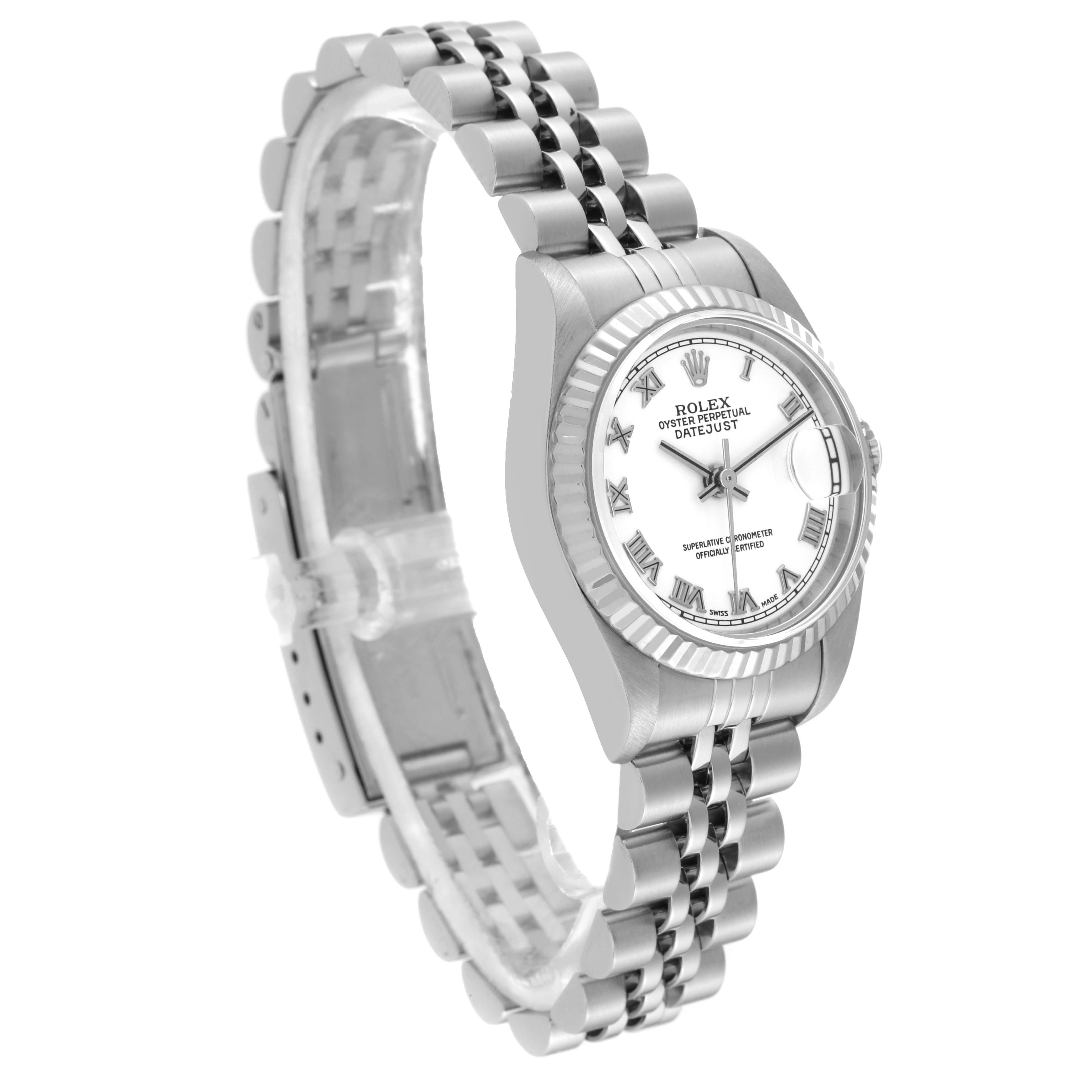This image shows an angled view of a Rolex Datejust 79174 Women's Stainless Steel White Dial 79174 Women's Stainless Steel White Dial watch, highlighting its case, bezel, dial, hands, bracelet, and clasp.