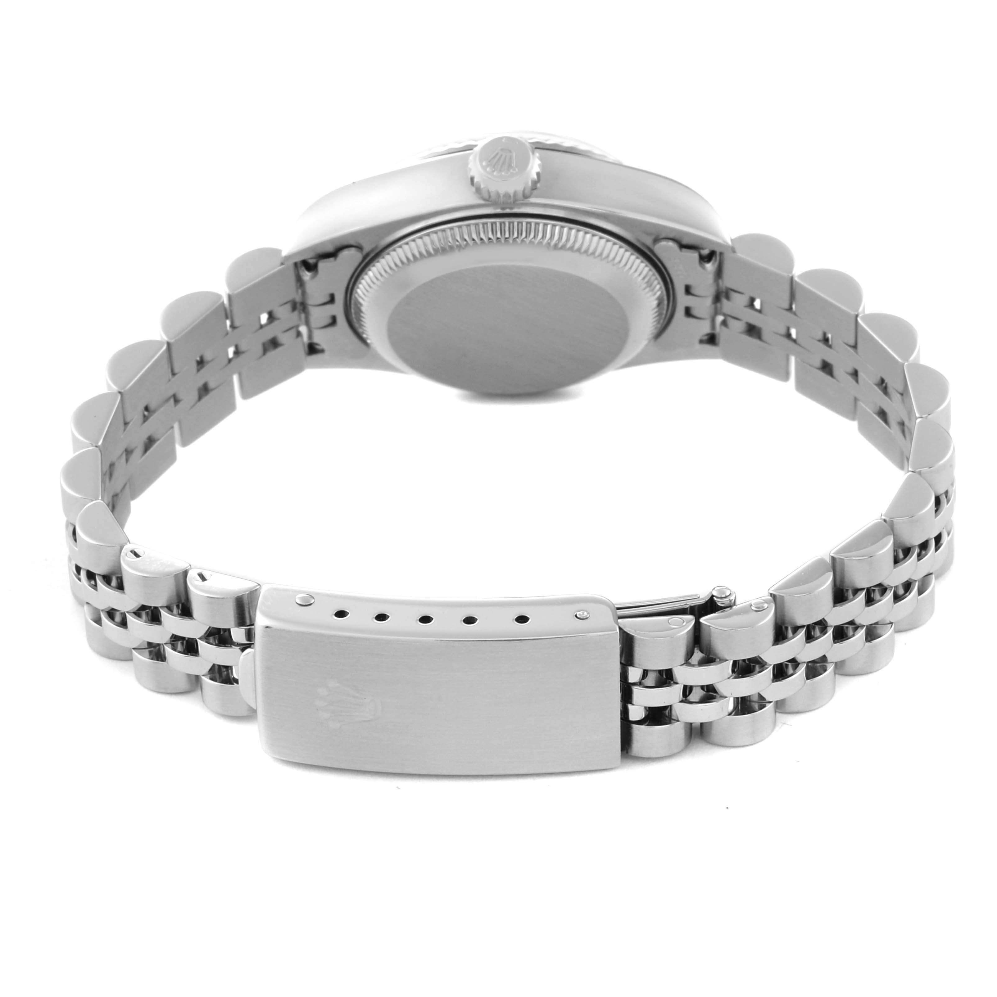This image shows the underside of a Rolex Datejust 79174 Women's Stainless Steel White Dial 79174 Women's Stainless Steel White Dial watch, focusing on the bracelet and the case back, viewed from the rear angle.