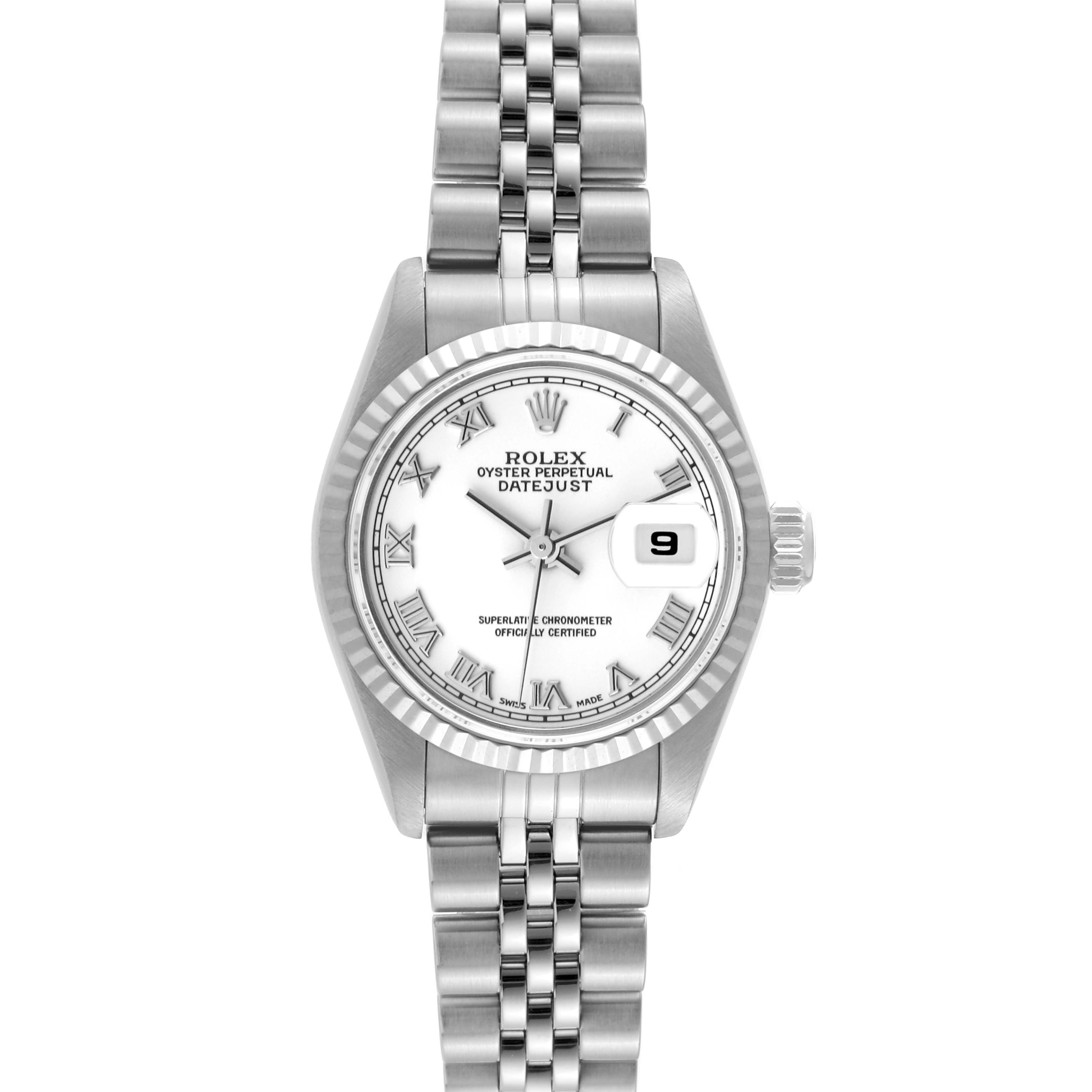 This image shows a front view of a Rolex Datejust 79174 Women's Stainless Steel White Dial 79174 Women's Stainless Steel White Dial watch, displaying its dial, date window, hands, and bracelet.