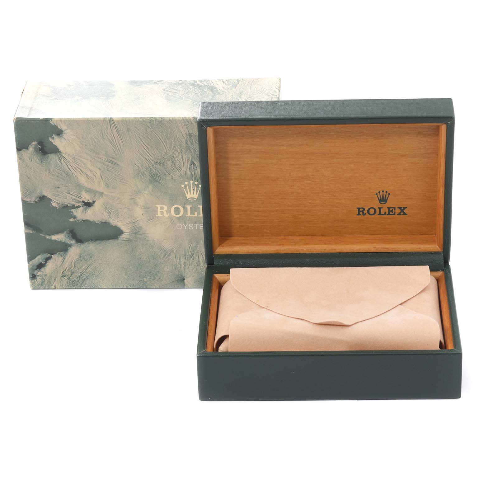 The image shows the open case and outer box of a Rolex Vintage Collection 16014 Men's Stainless Steel Silver Dial 16014 Men's Stainless Steel Silver Dial watch, with the watch wrapped inside.