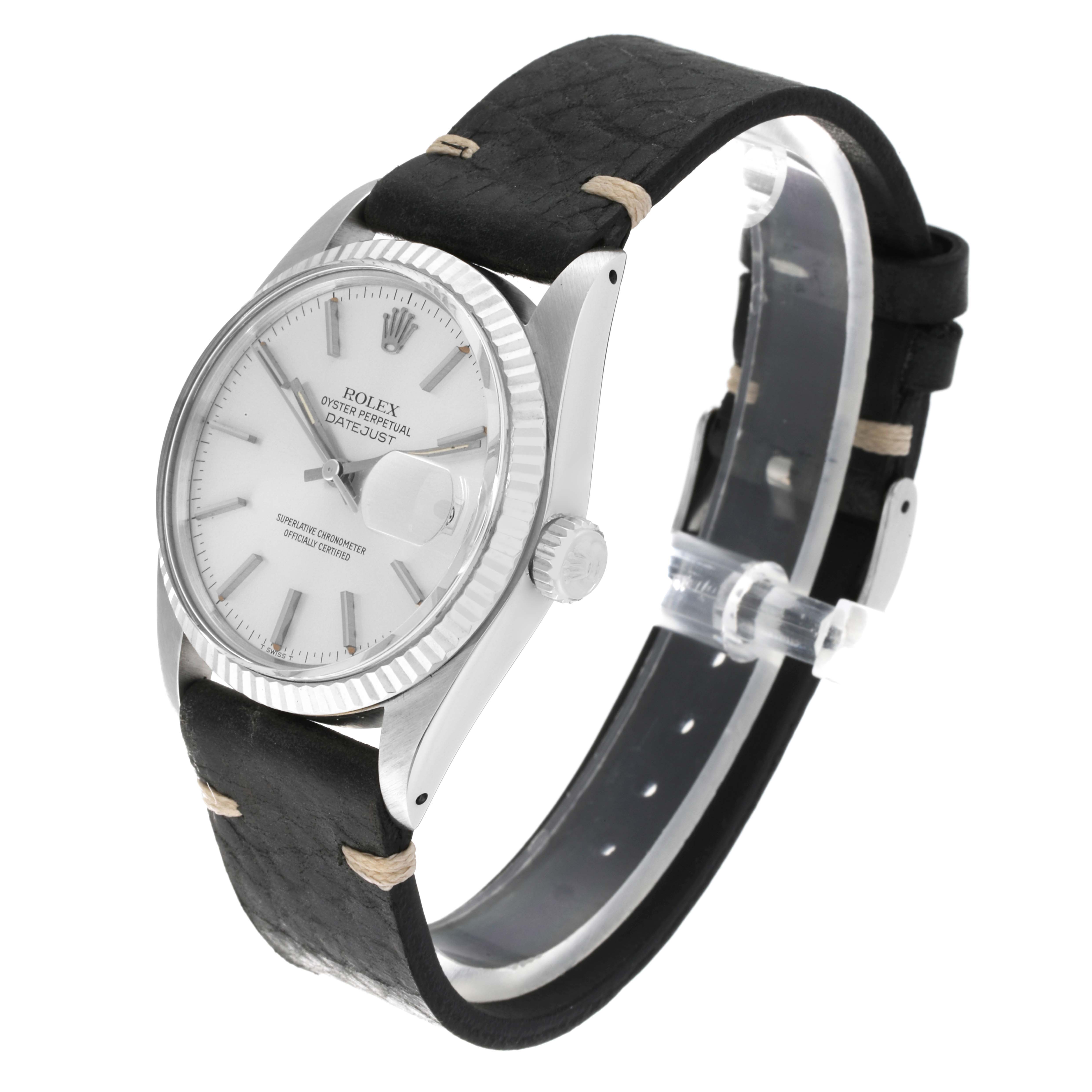 The Rolex Vintage Collection 16014 Men's Stainless Steel Silver Dial 16014 Men's Stainless Steel Silver Dial model is shown at an angle emphasizing the watch face, case, bezel, and black leather strap.