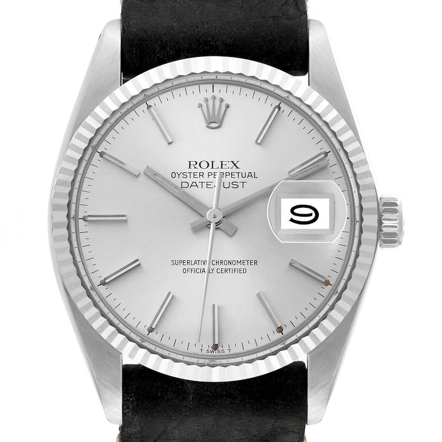 The image shows a close-up of a Vintage Collection Rolex Oyster Perpetual Datejust watch, focusing on the face, bezel, and part of the strap.