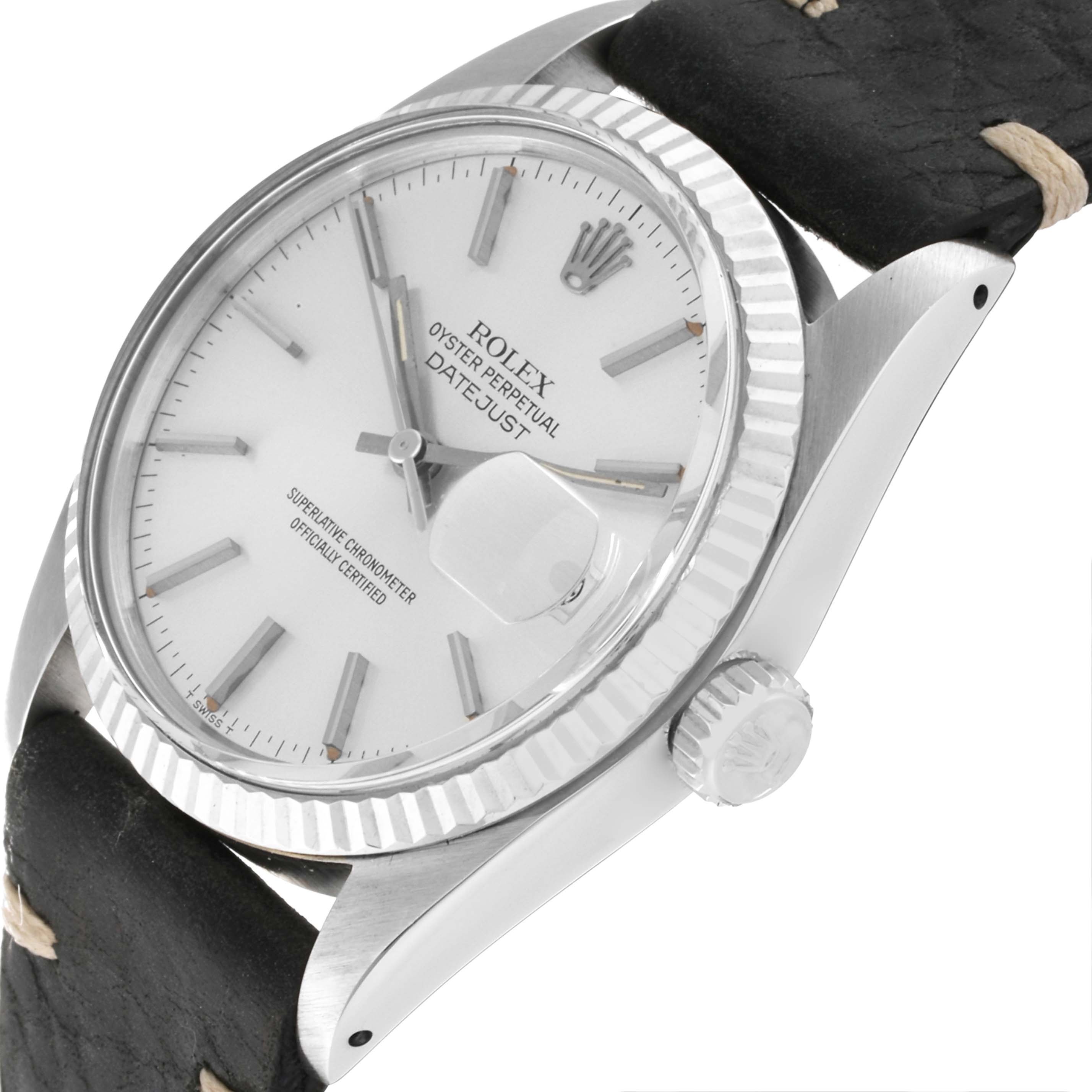 The Rolex Vintage Collection 16014 Men's Stainless Steel Silver Dial 16014 Men's Stainless Steel Silver Dial model is shown at an angled side view, highlighting the dial, bezel, crown, and part of the leather strap.