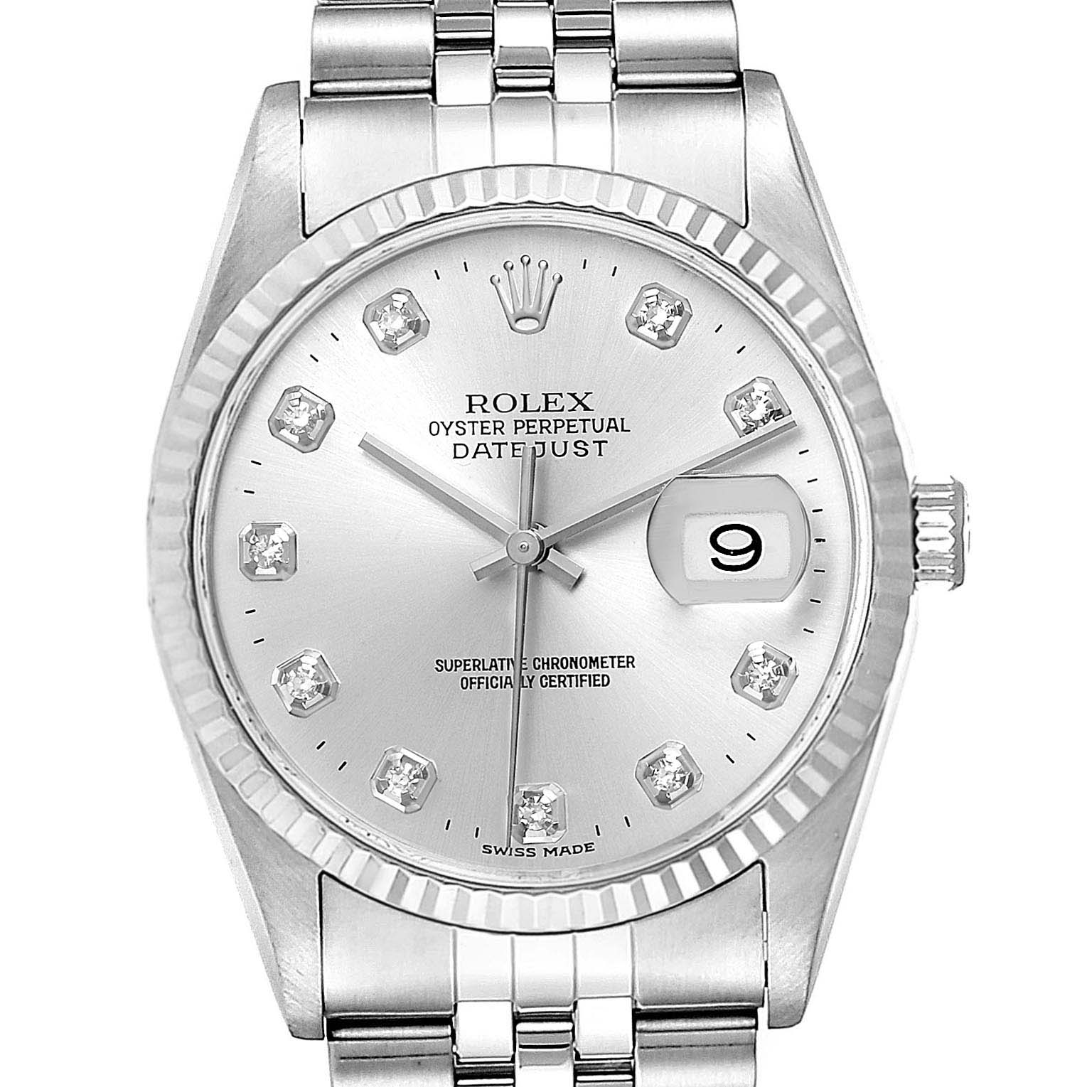 This image shows a front view of a Rolex Datejust 16234 Men's Stainless Steel Silver Dial 16234 Men's Stainless Steel Silver Dial watch, highlighting its dial, bracelet, and fluted bezel.