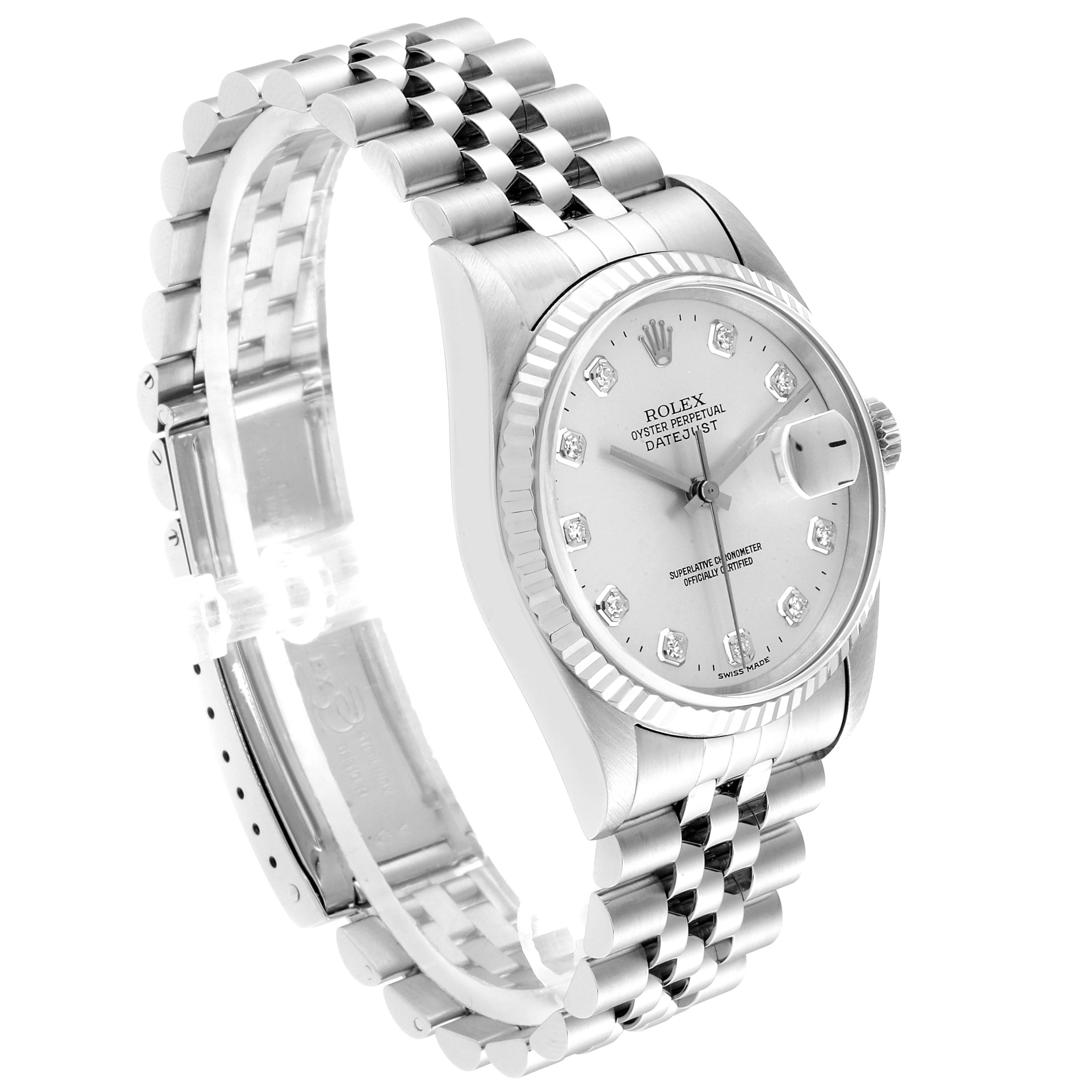 The image shows an angled view of a Rolex Datejust 16234 Men's Stainless Steel Silver Dial 16234 Men's Stainless Steel Silver Dial watch, displaying the dial, bezel, and bracelet.