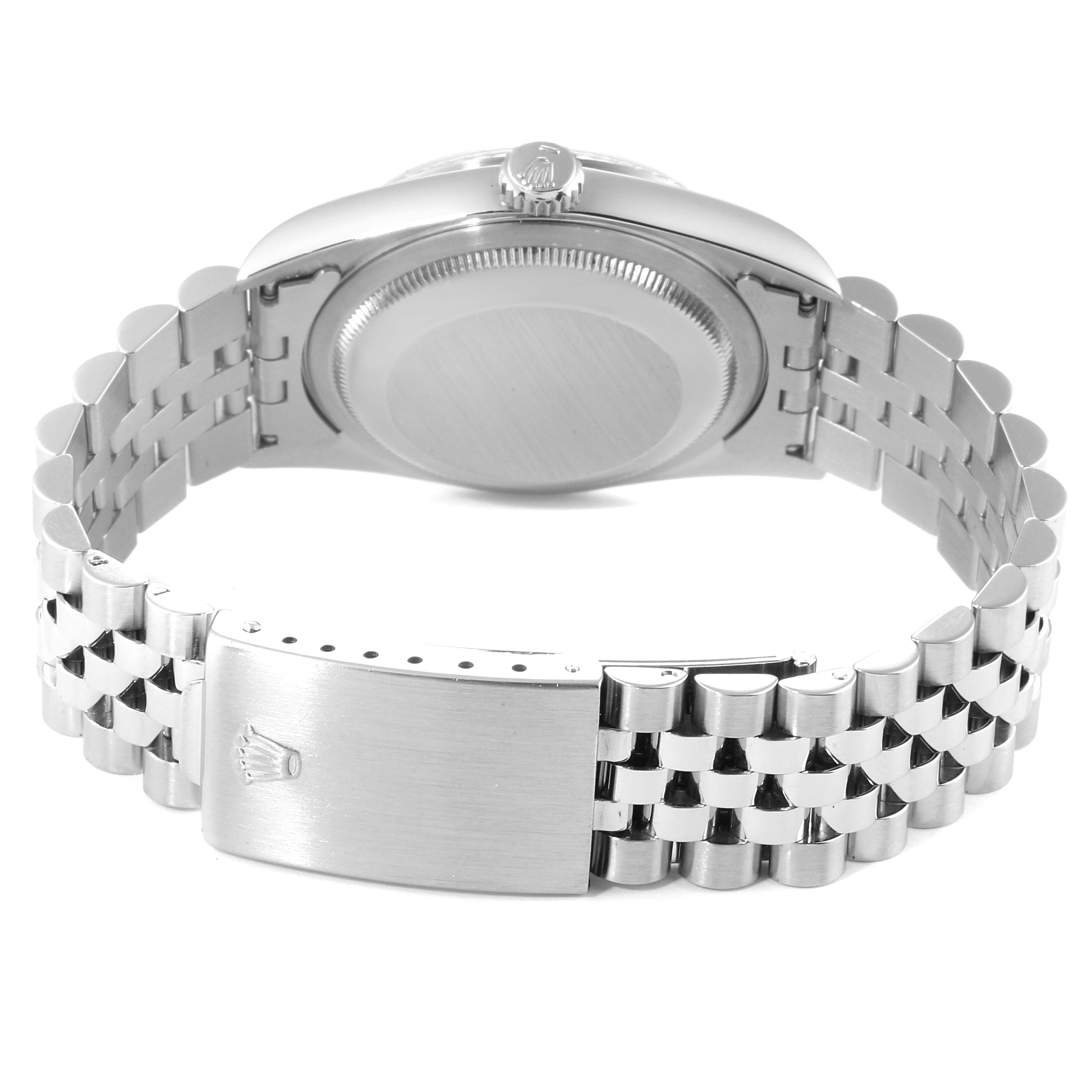 This image shows the back view of a Rolex Datejust 16234 Men's Stainless Steel Silver Dial 16234 Men's Stainless Steel Silver Dial watch, focusing on the case back and Jubilee bracelet with the clasp.