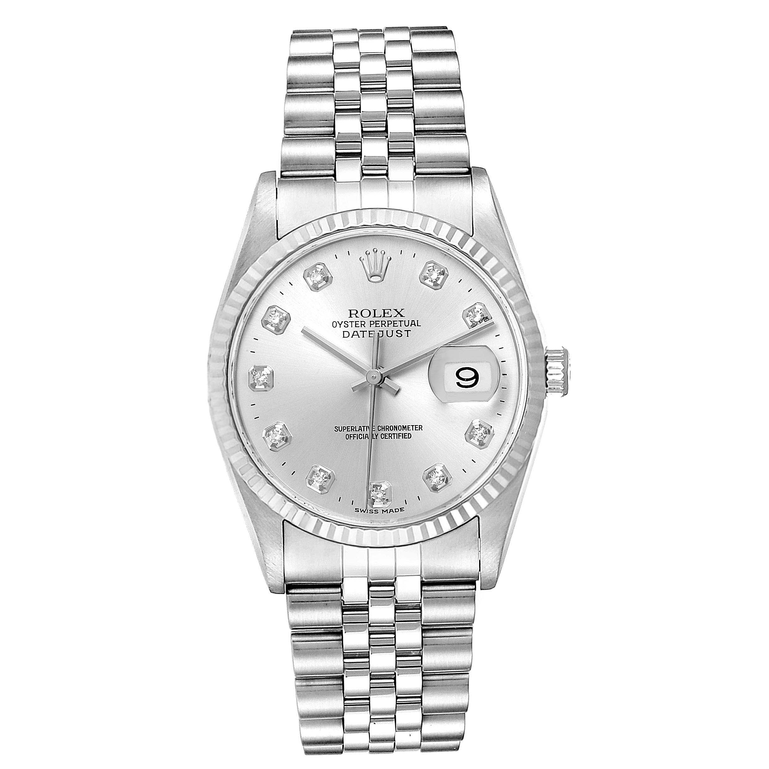 The image shows a frontal view of a Rolex Datejust 16234 Men's Stainless Steel Silver Dial 16234 Men's Stainless Steel Silver Dial watch, showcasing its dial, bracelet, and date feature.