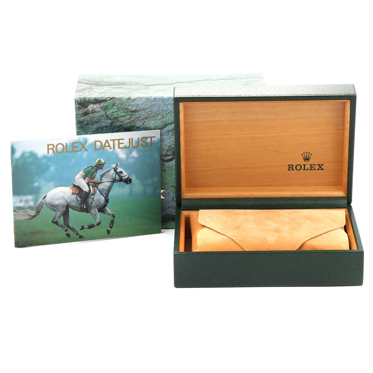 The image shows a Rolex Datejust 16234 Men's Stainless Steel Silver Dial 16234 Men's Stainless Steel Silver Dial box, an outer box, and an accompanying booklet, all captured from a front angle.