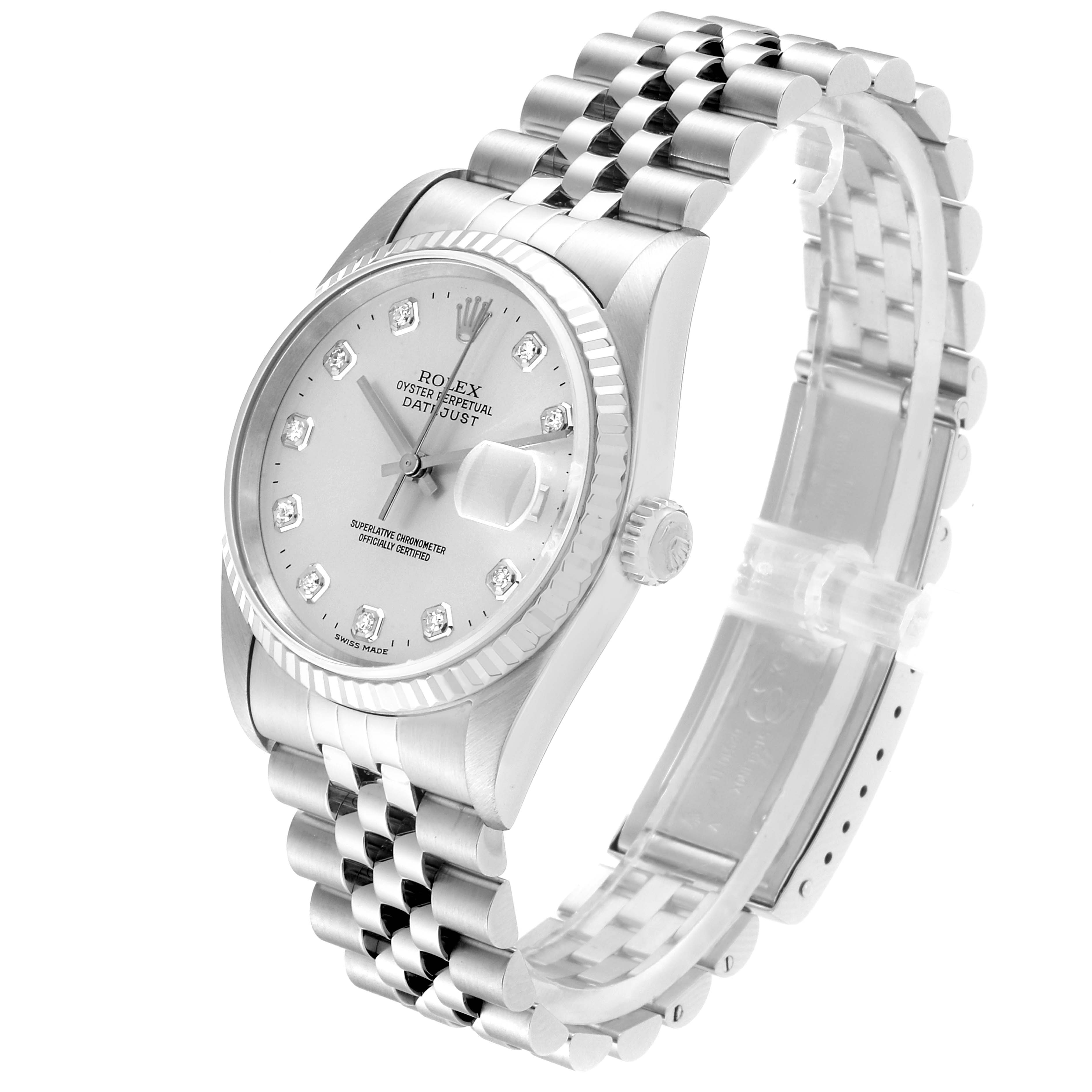 The image shows a Rolex Datejust 16234 Men's Stainless Steel Silver Dial 16234 Men's Stainless Steel Silver Dial watch at a three-quarter angle, highlighting its face, bezel, crown, and bracelet.