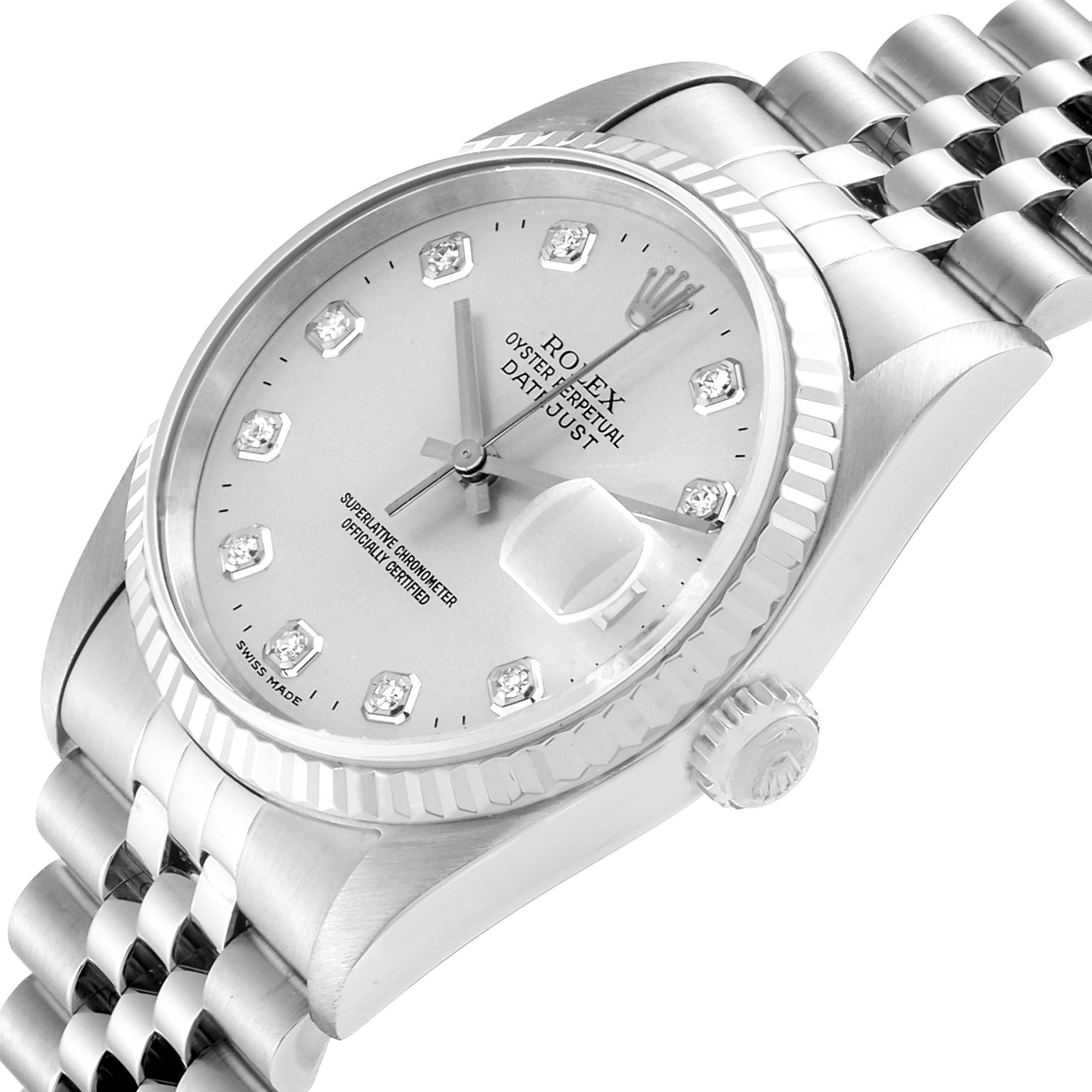 The image shows a Rolex Datejust 16234 Men's Stainless Steel Silver Dial 16234 Men's Stainless Steel Silver Dial watch at a tilted angle, highlighting the dial, bezel, crown, and part of the bracelet.