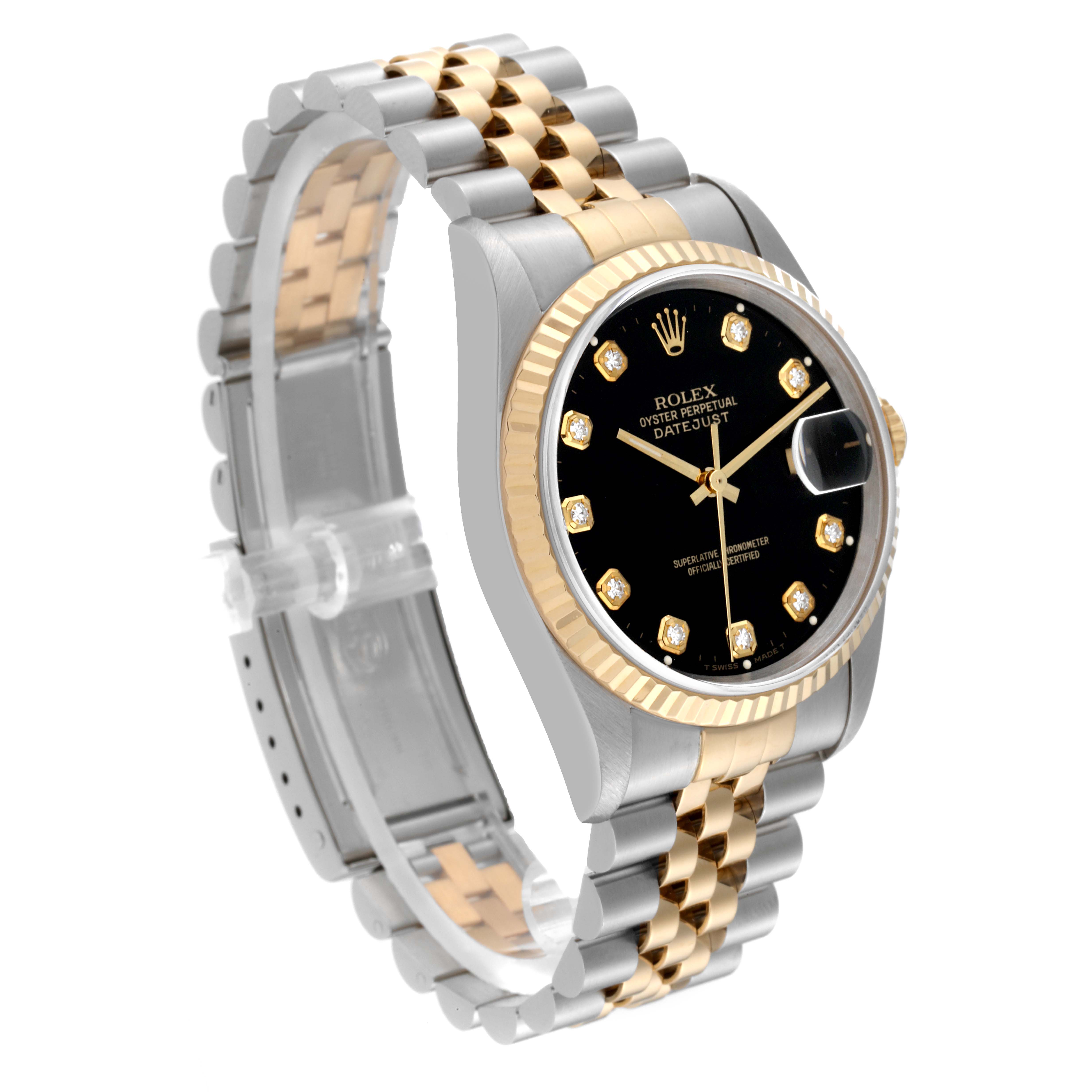 The image shows a Rolex Datejust 16233 Men's Steel and Gold (two tone) Black Dial 16233 Men's Steel and Gold (two tone) Black Dial watch angled from the side, displaying the face, bezel, and two-tone bracelet.