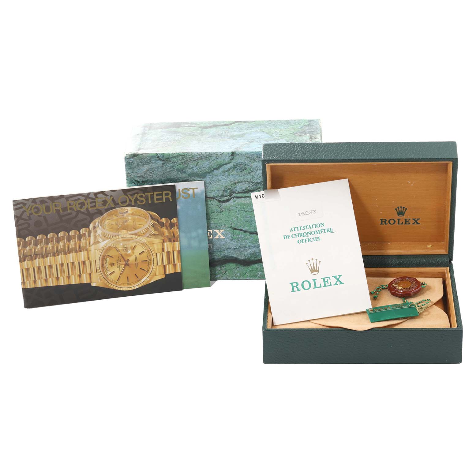 The image shows the box, manual, certificate, and tag for a Rolex Datejust 16233 Men's Steel and Gold (two tone) Black Dial 16233 Men's Steel and Gold (two tone) Black Dial model.