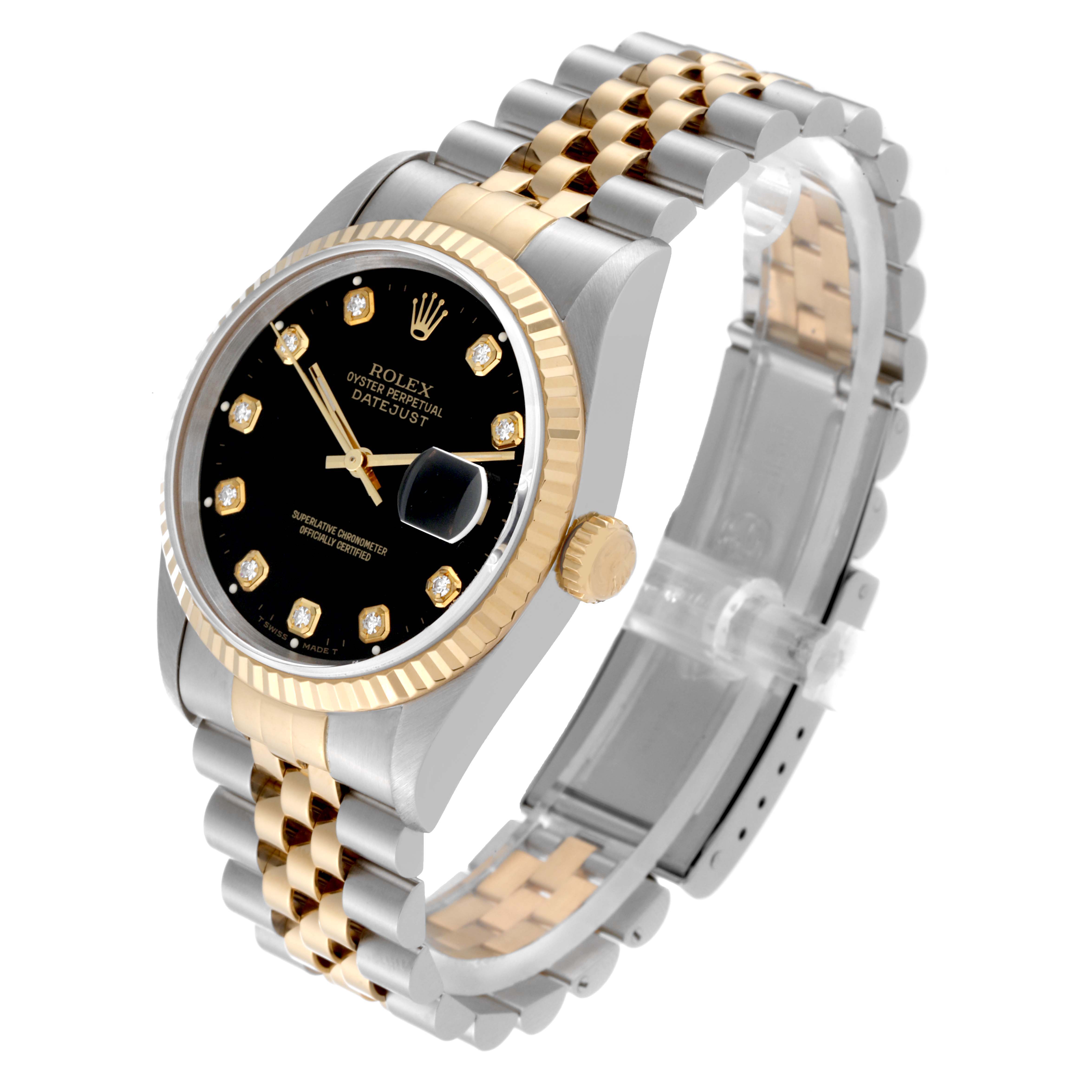 The image shows a Rolex Datejust 16233 Men's Steel and Gold (two tone) Black Dial 16233 Men's Steel and Gold (two tone) Black Dial watch at an angle, highlighting its black dial, gold and silver bracelet, and fluted bezel.