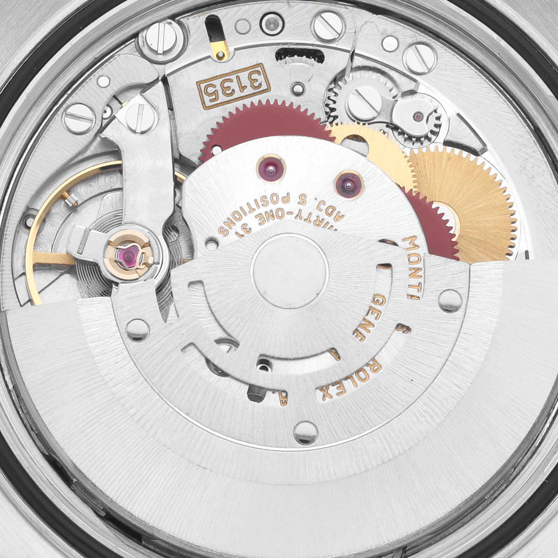 This image shows a close-up view of the internal movement mechanisms of a Rolex Datejust 16233 Men's Steel and Gold (two tone) Black Dial 16233 Men's Steel and Gold (two tone) Black Dial watch.