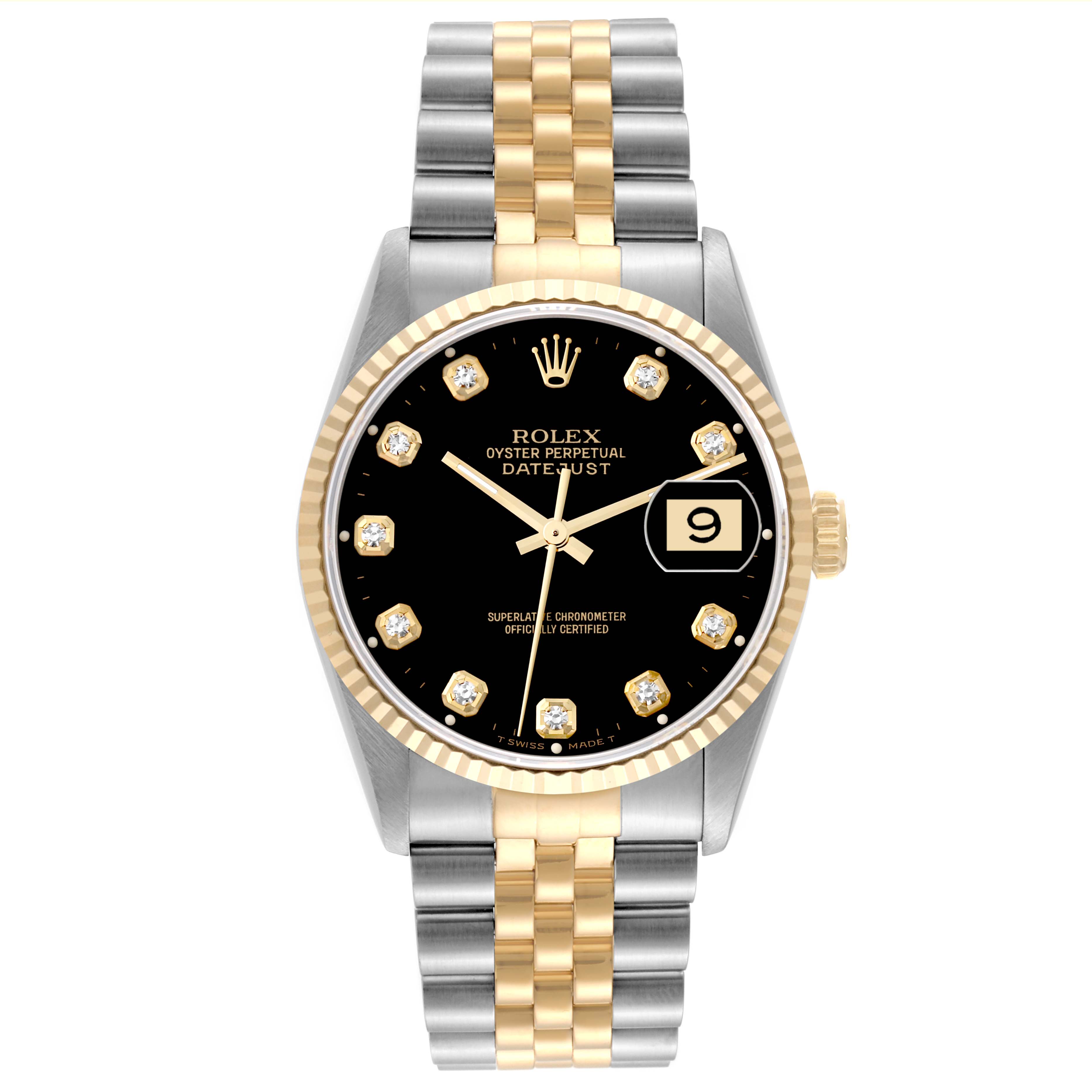 The Rolex Datejust 16233 Men's Steel and Gold (two tone) Black Dial 16233 Men's Steel and Gold (two tone) Black Dial watch is shown from a front angle, displaying the dial, bezel, hands, date window, and two-tone bracelet.