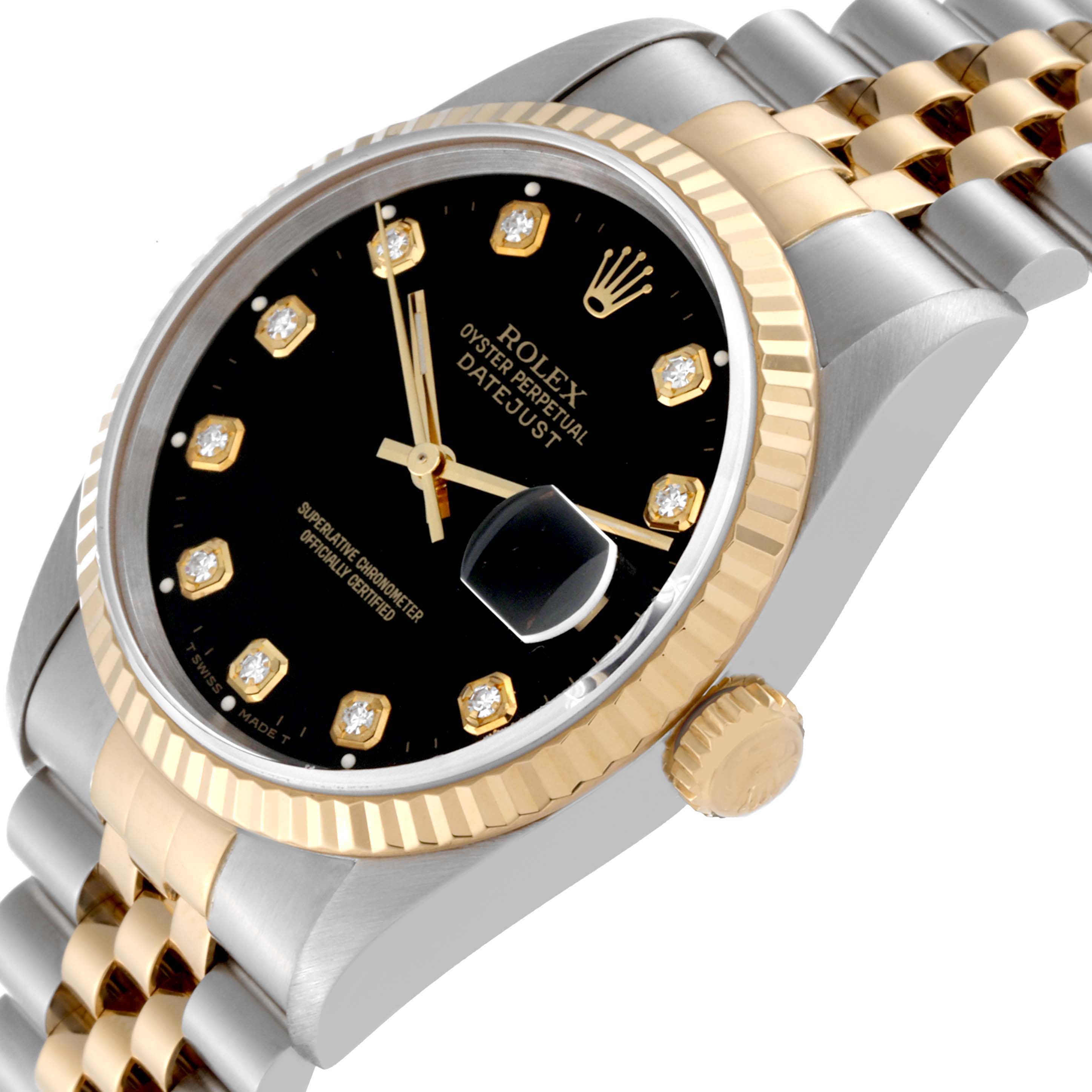 The image shows a close-up angle of the Rolex Datejust 16233 Men's Steel and Gold (two tone) Black Dial 16233 Men's Steel and Gold (two tone) Black Dial, highlighting the bezel, dial, crown, cyclops lens, and bracelet.