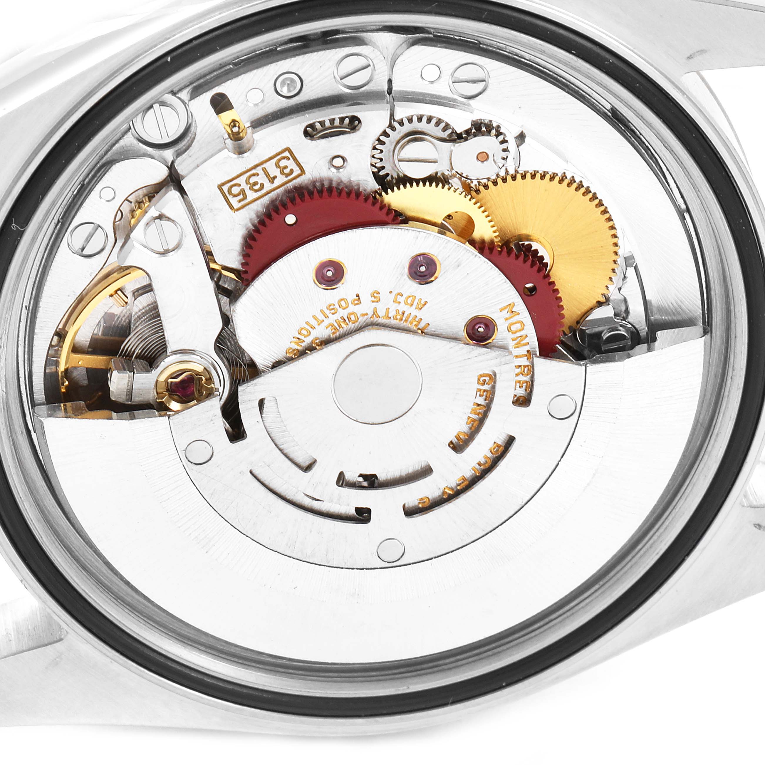 The image shows the internal movement mechanism of a Rolex Datejust 16233 Men's Steel and Gold (two tone) Champagne Dial 16233 Men's Steel and Gold (two tone) Champagne Dial watch viewd from the back.