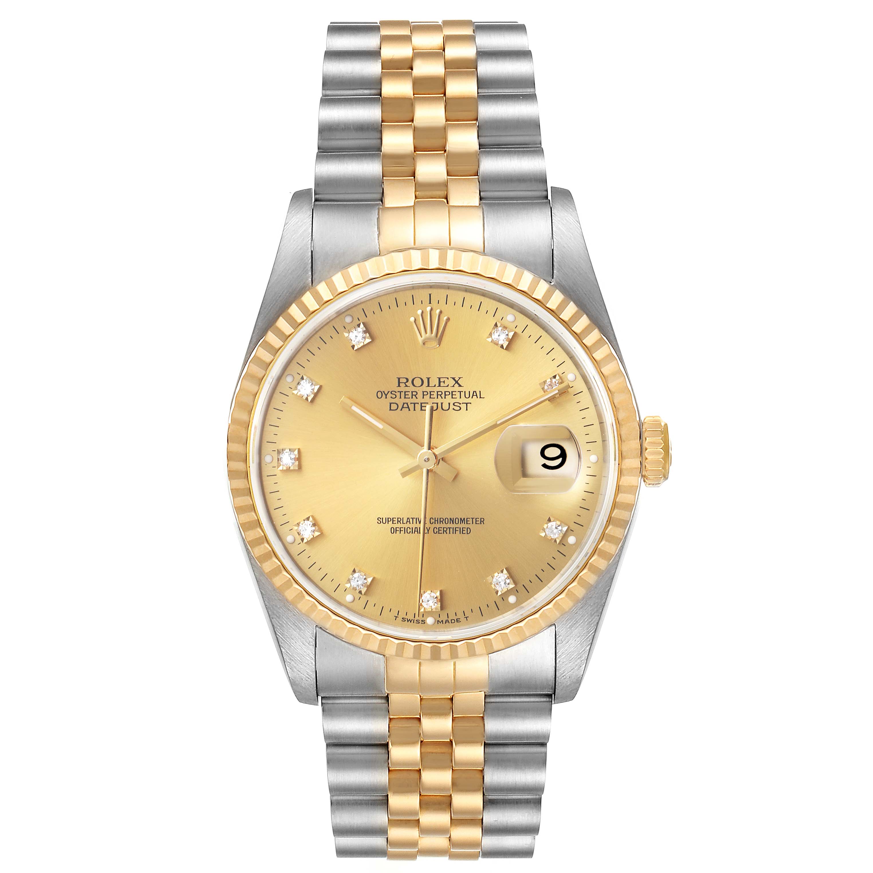 The image shows a Rolex Datejust 16233 Men's Steel and Gold (two tone) Champagne Dial 16233 Men's Steel and Gold (two tone) Champagne Dial watch from a frontal angle, highlighting its gold dial and two-tone steel and gold bracelet.