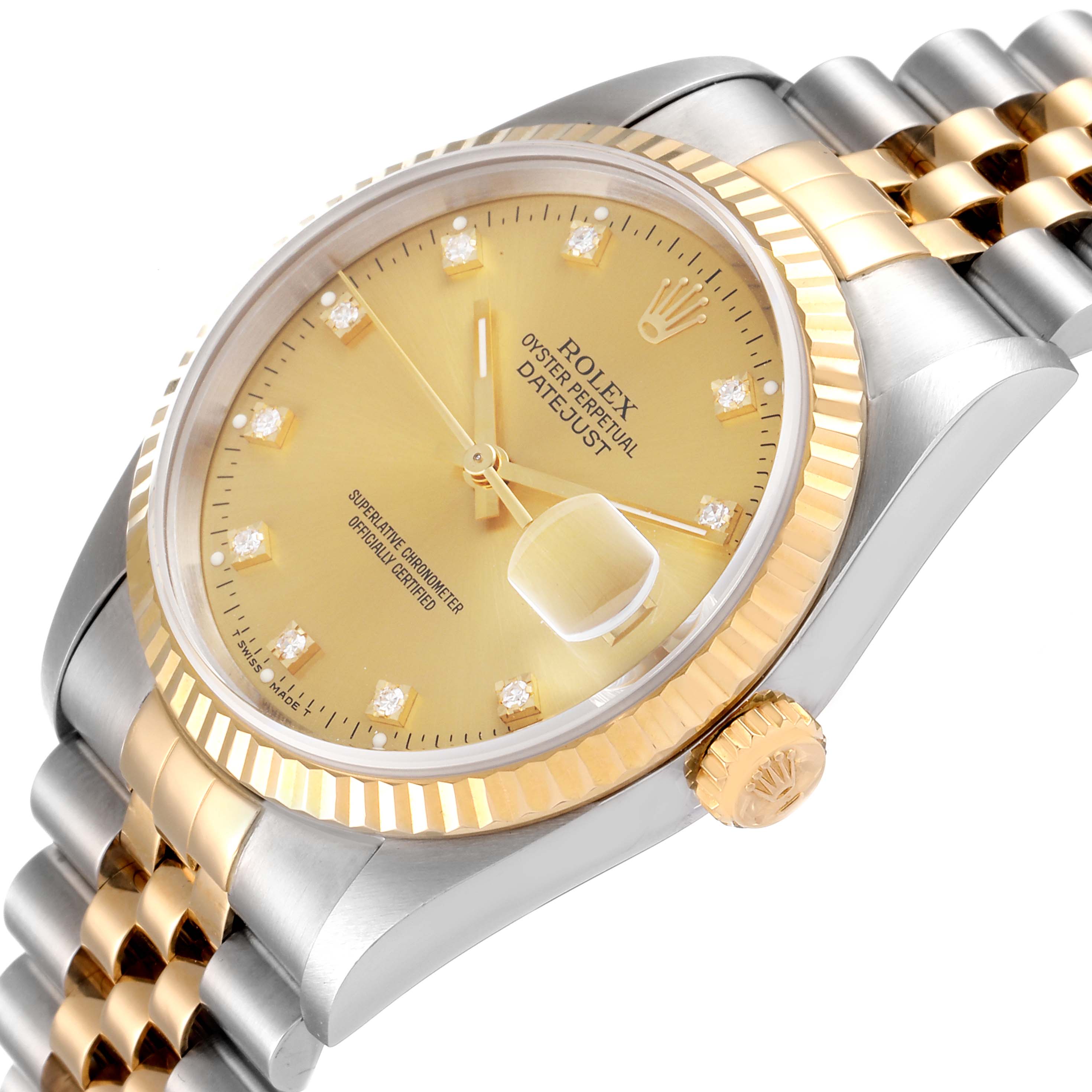 The image shows a close-up, angled view of a Rolex Datejust 16233 Men's Steel and Gold (two tone) Champagne Dial 16233 Men's Steel and Gold (two tone) Champagne Dial watch, highlighting the dial, bezel, crown, and part of the bracelet.