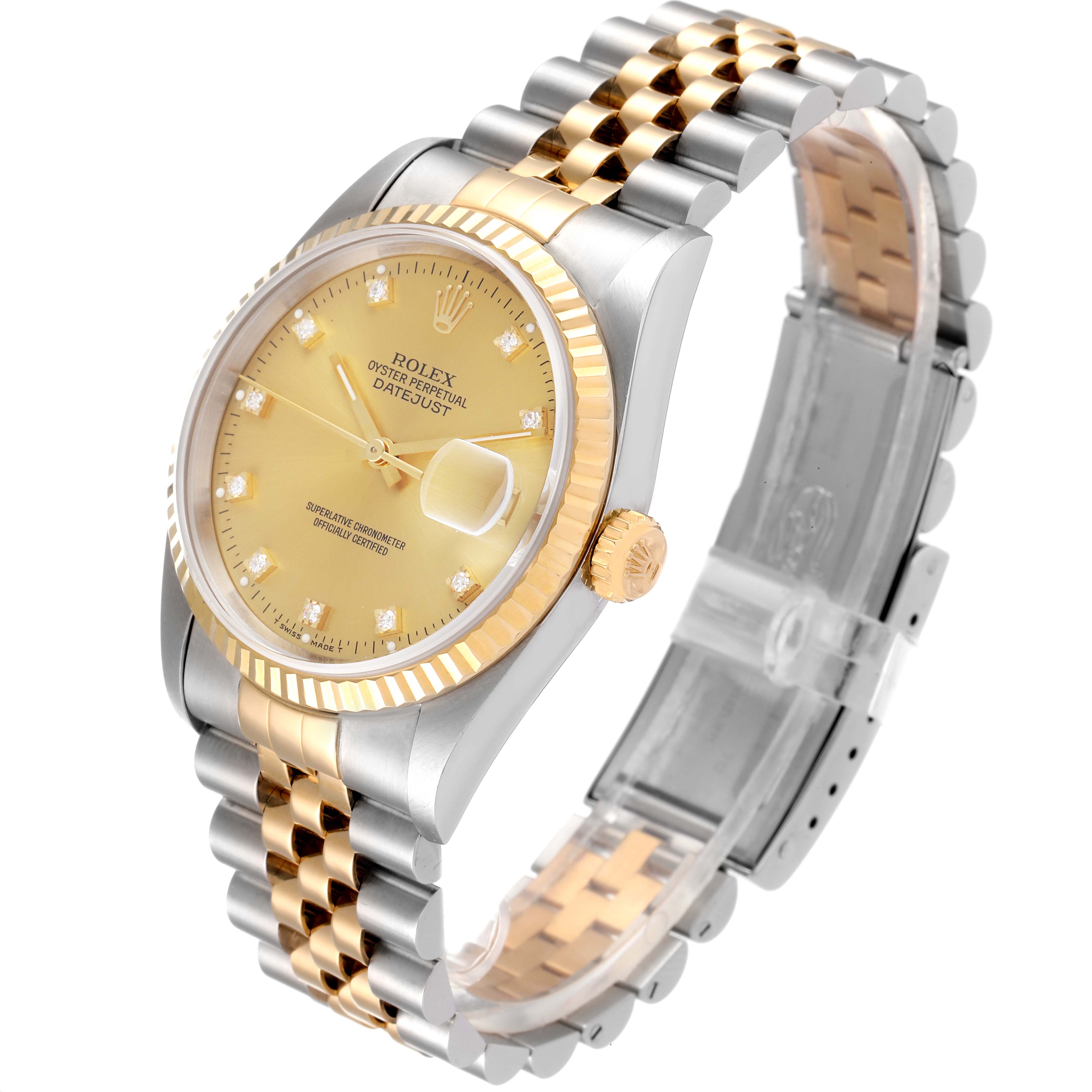 The image shows a Rolex Datejust 16233 Men's Steel and Gold (two tone) Champagne Dial 16233 Men's Steel and Gold (two tone) Champagne Dial watch at an angle highlighting the gold bezel, champagne dial with diamond markers, and two-tone bracelet.