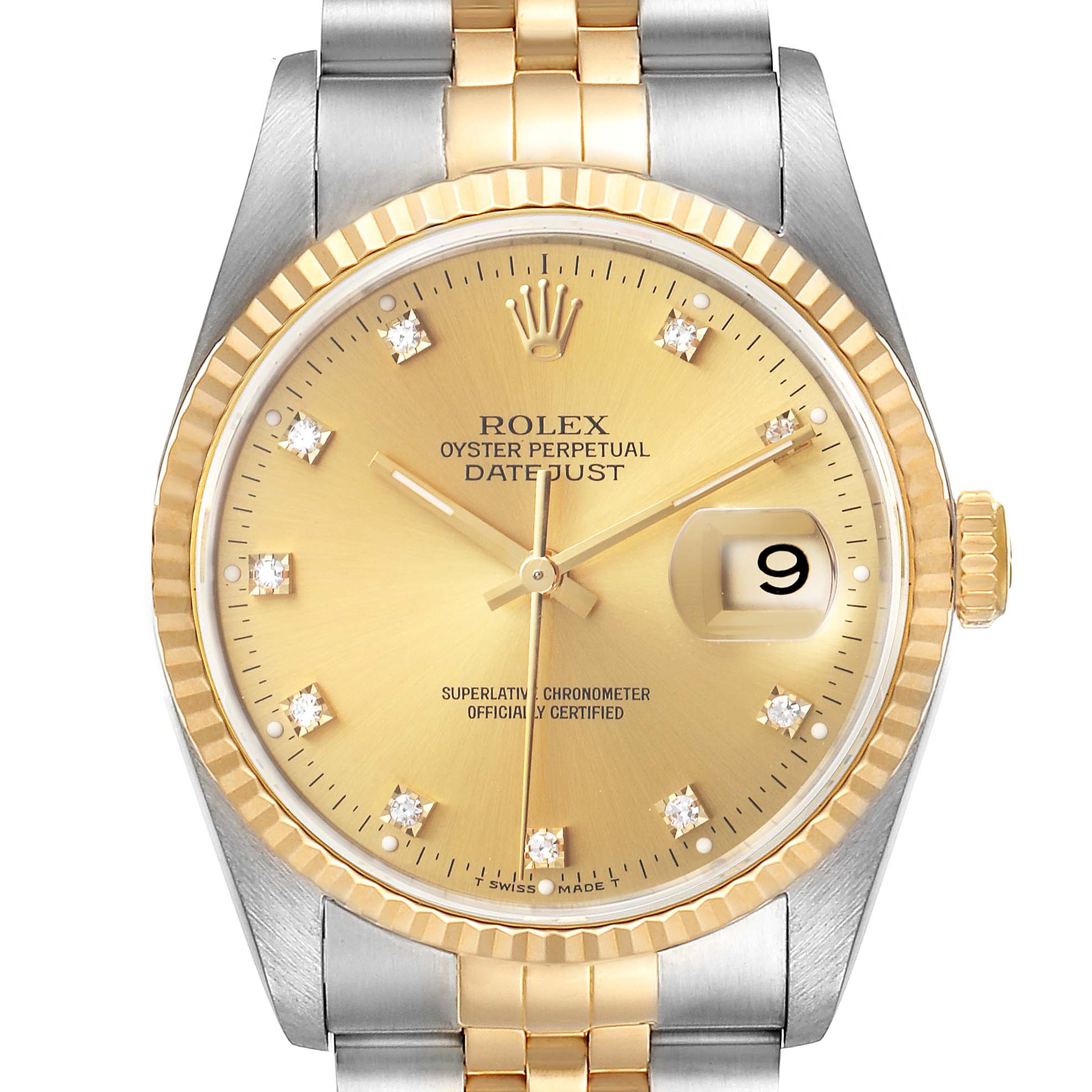 This image shows a frontal view of a Rolex Datejust 16233 Men's Steel and Gold (two tone) Champagne Dial 16233 Men's Steel and Gold (two tone) Champagne Dial watch, highlighting the dial, bezel, bracelet, and date window.