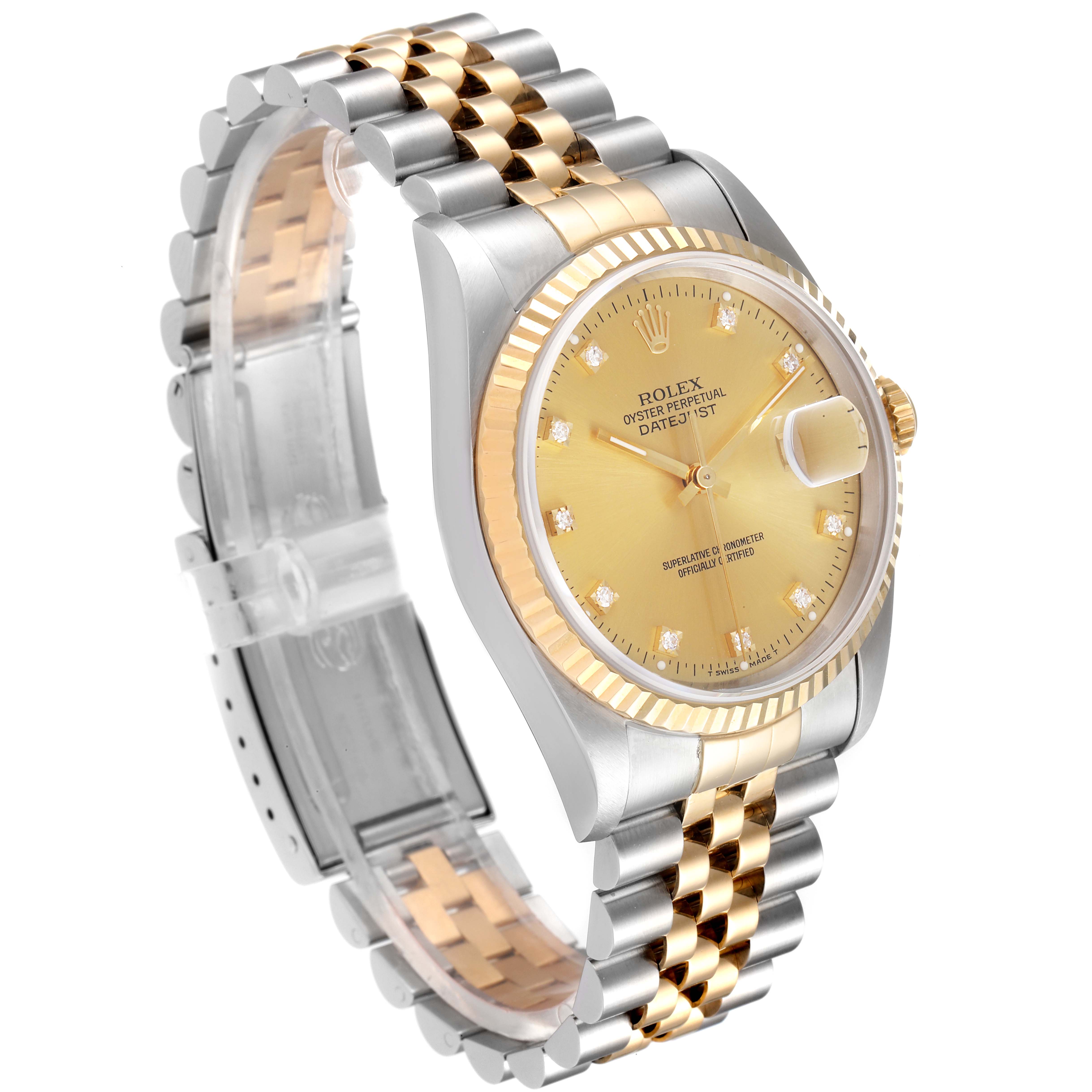 The image shows a Rolex Datejust 16233 Men's Steel and Gold (two tone) Champagne Dial 16233 Men's Steel and Gold (two tone) Champagne Dial watch from a three-quarter angle, highlighting its face, bezel, and two-tone bracelet.