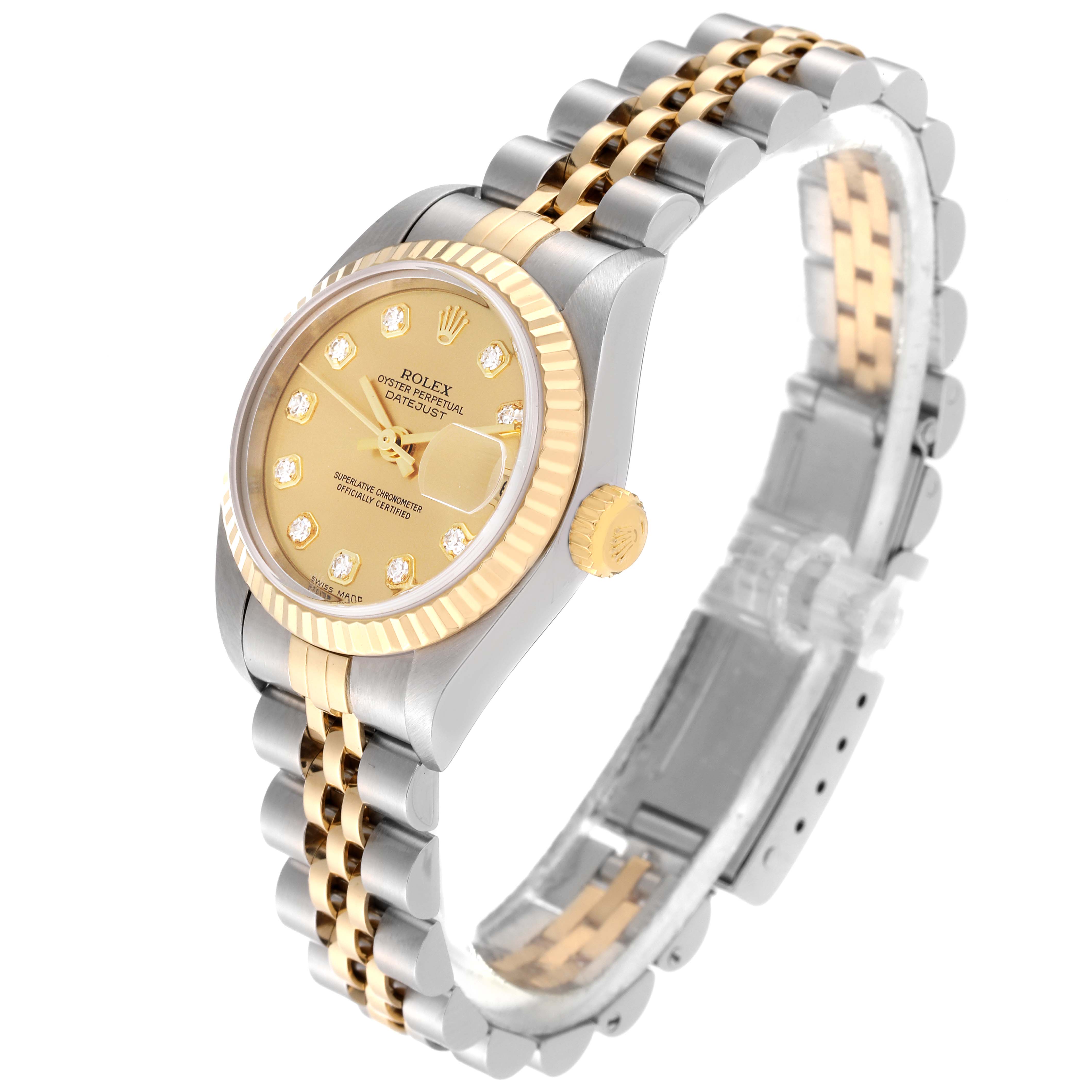 The Rolex Datejust 79173G Women's Steel and Gold (two tone) Champagne Dial 79173G Women's Steel and Gold (two tone) Champagne Dial watch is shown at a slight angle, displaying the dial, bezel, crown, and Jubilee bracelet.