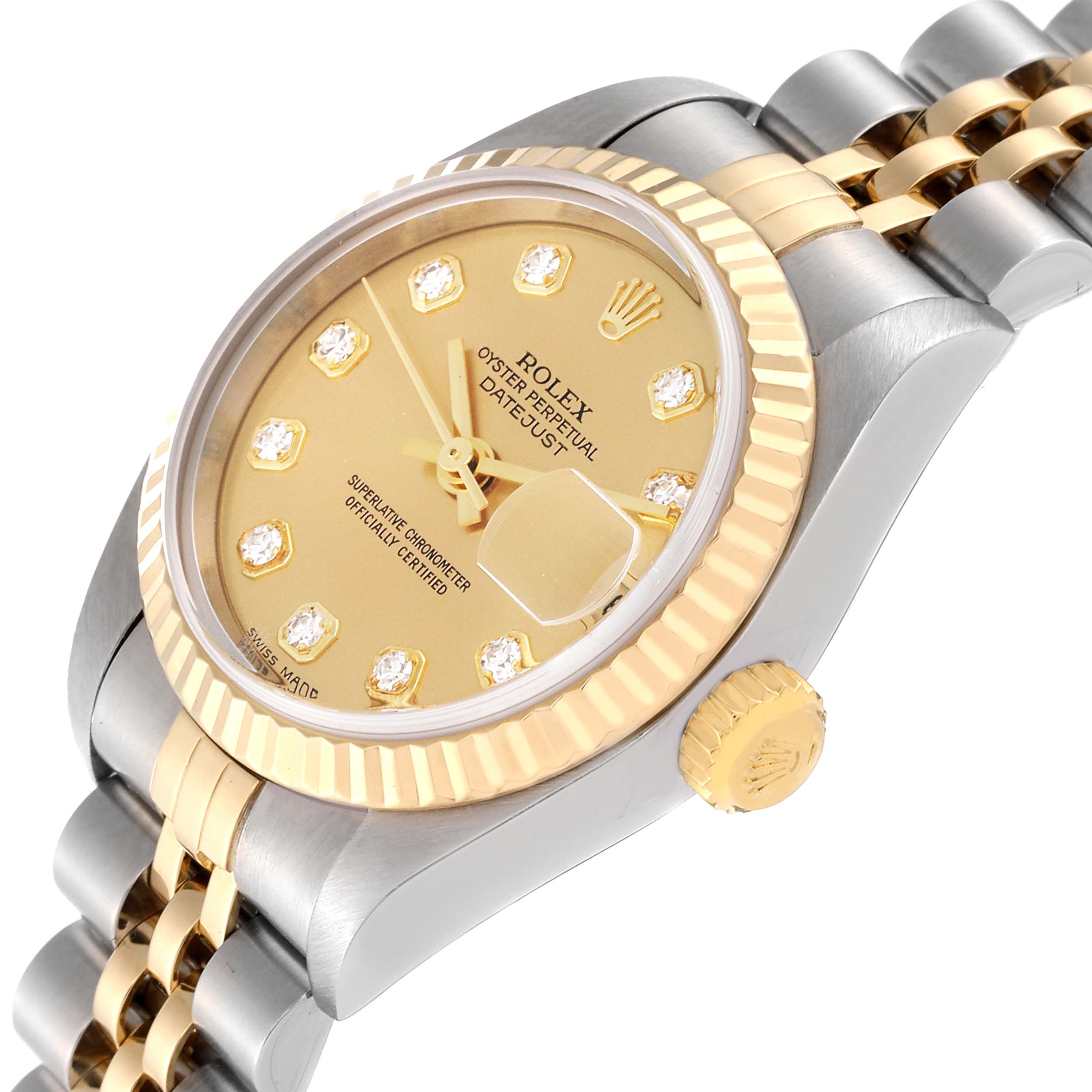 This image shows a side angle of a Rolex Datejust 79173G Women's Steel and Gold (two tone) Champagne Dial 79173G Women's Steel and Gold (two tone) Champagne Dial watch, highlighting the dial, fluted bezel, and part of the jubilee bracelet.