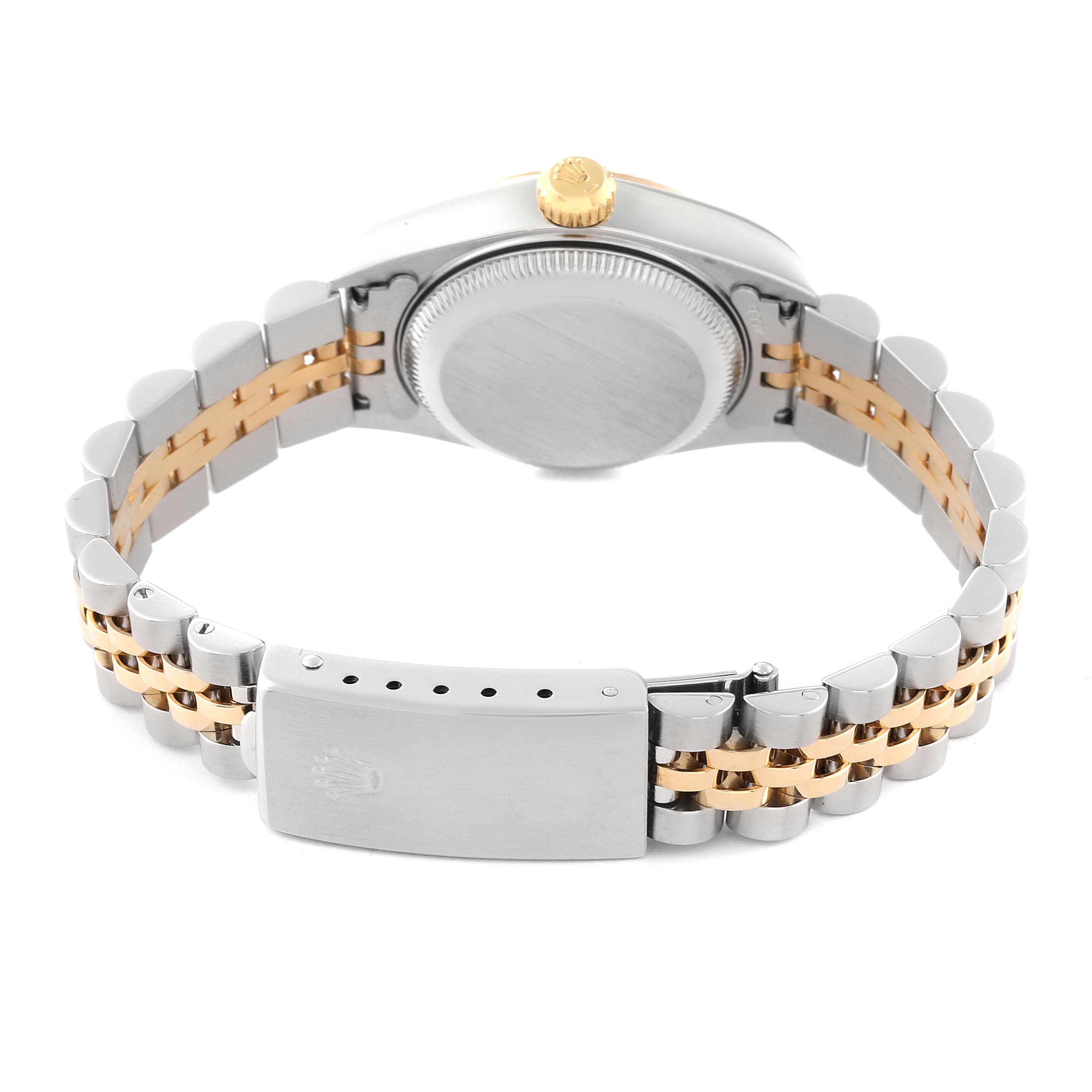 This image shows the back view of a Rolex Datejust 79173G Women's Steel and Gold (two tone) Champagne Dial 79173G Women's Steel and Gold (two tone) Champagne Dial watch, highlighting its two-tone bracelet and closed clasp.