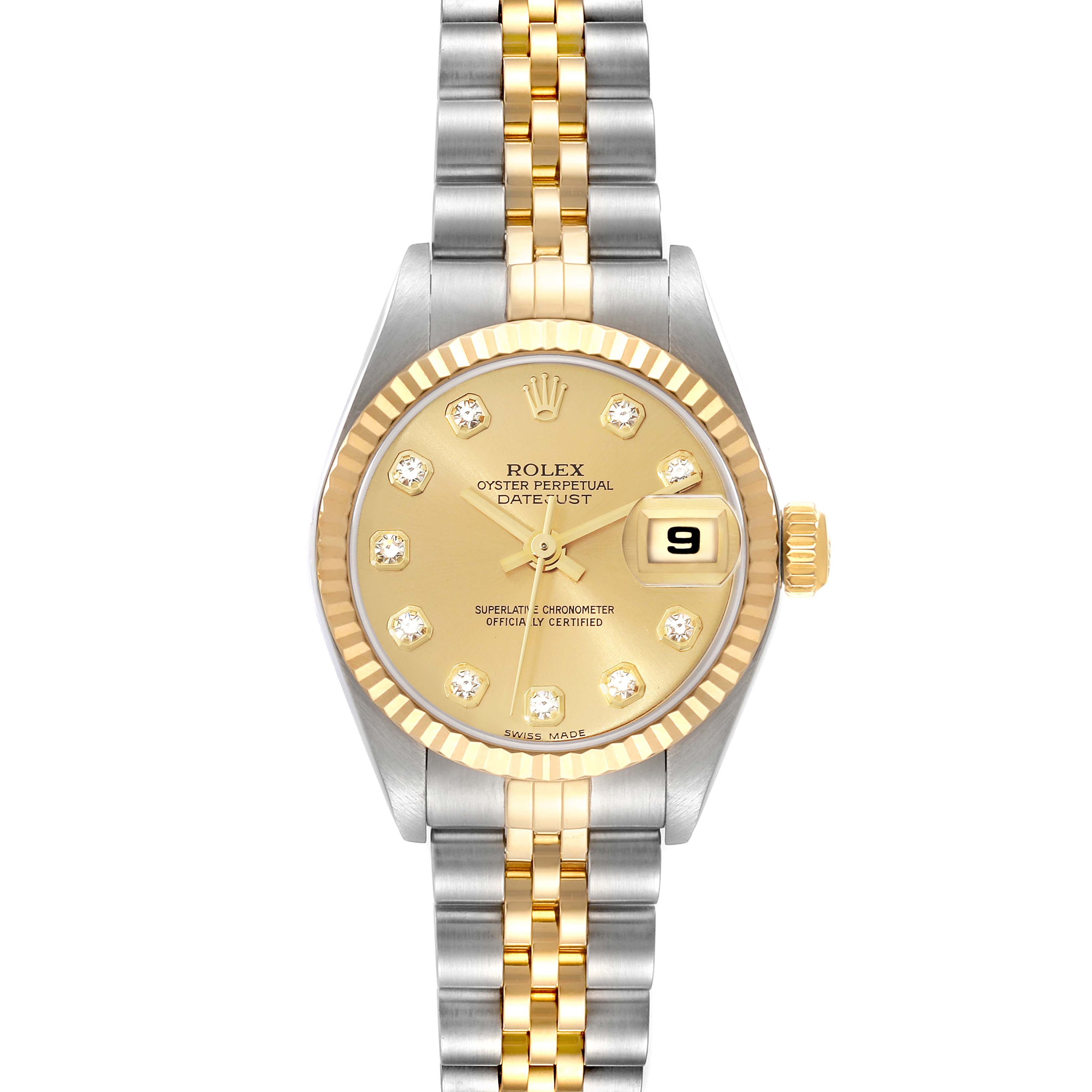 This image shows a top view of a Rolex Datejust 79173G Women's Steel and Gold (two tone) Champagne Dial 79173G Women's Steel and Gold (two tone) Champagne Dial watch, displaying its gold and silver bracelet, diamond hour markers, and date window.
