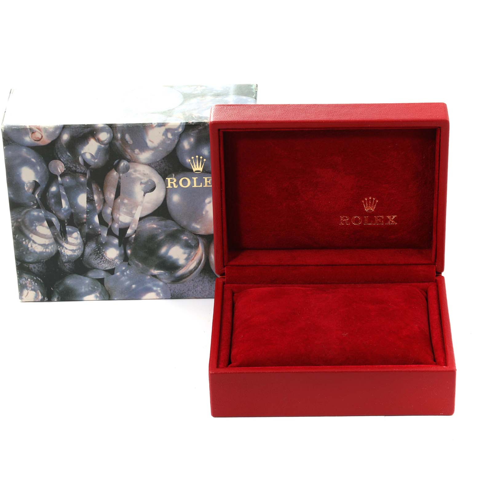 The image shows an empty red Rolex box and its outer packaging for the Datejust model.