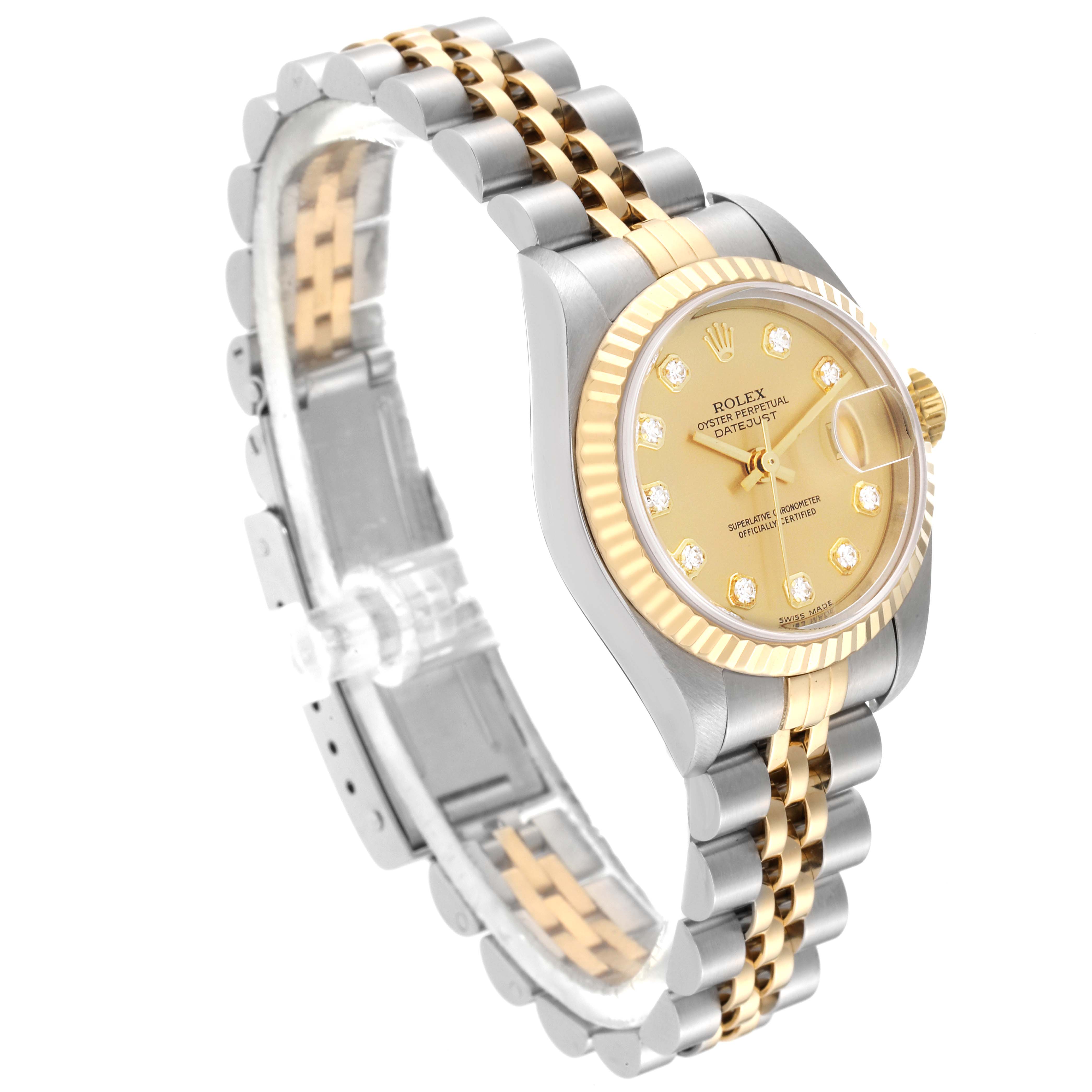The Rolex Datejust 79173G Women's Steel and Gold (two tone) Champagne Dial 79173G Women's Steel and Gold (two tone) Champagne Dial watch is shown at an angled view, highlighting its face, bezel, and two-tone bracelet.