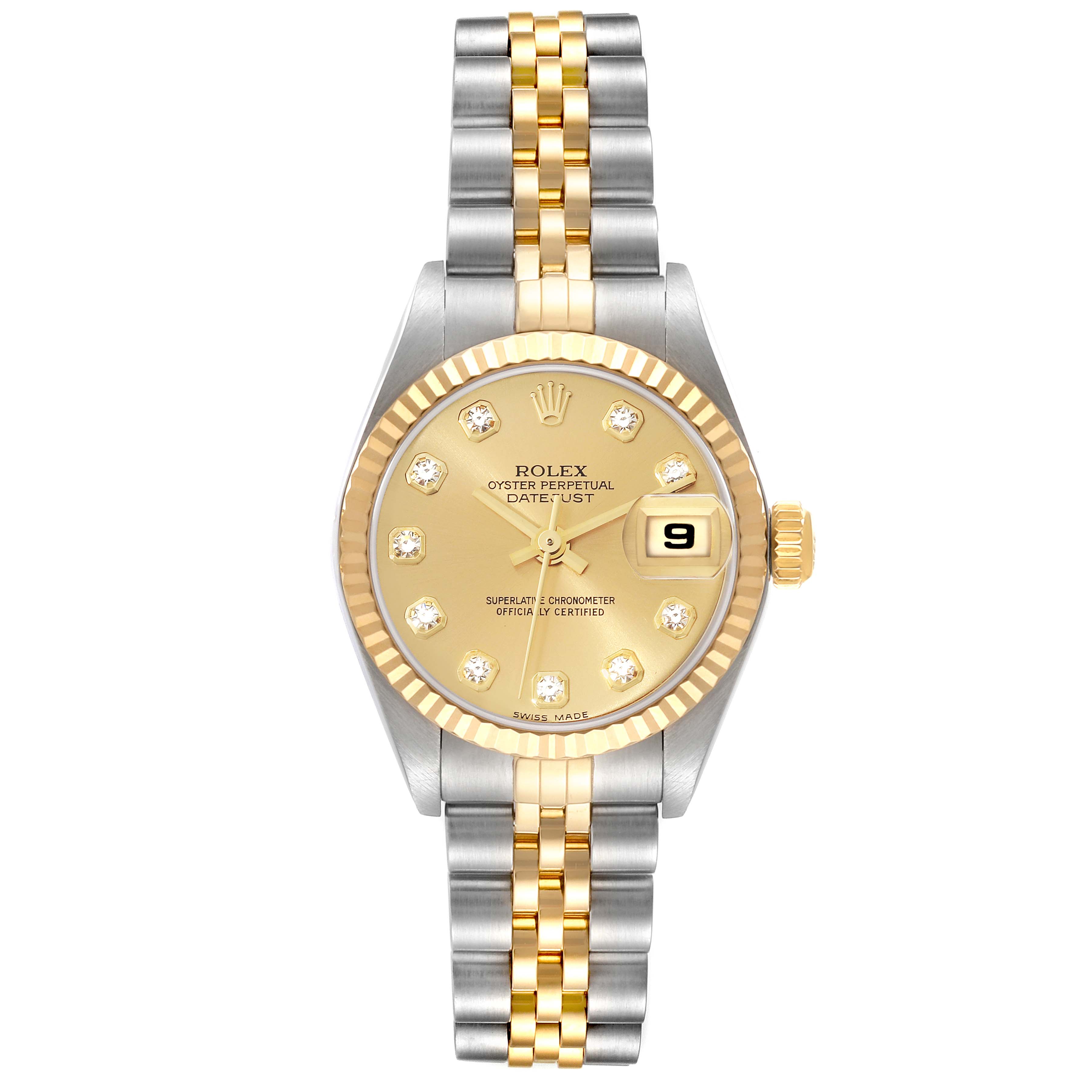 The image shows a front view of the Rolex Datejust 79173G Women's Steel and Gold (two tone) Champagne Dial 79173G Women's Steel and Gold (two tone) Champagne Dial watch, highlighting the dial, bezel, and two-tone bracelet.