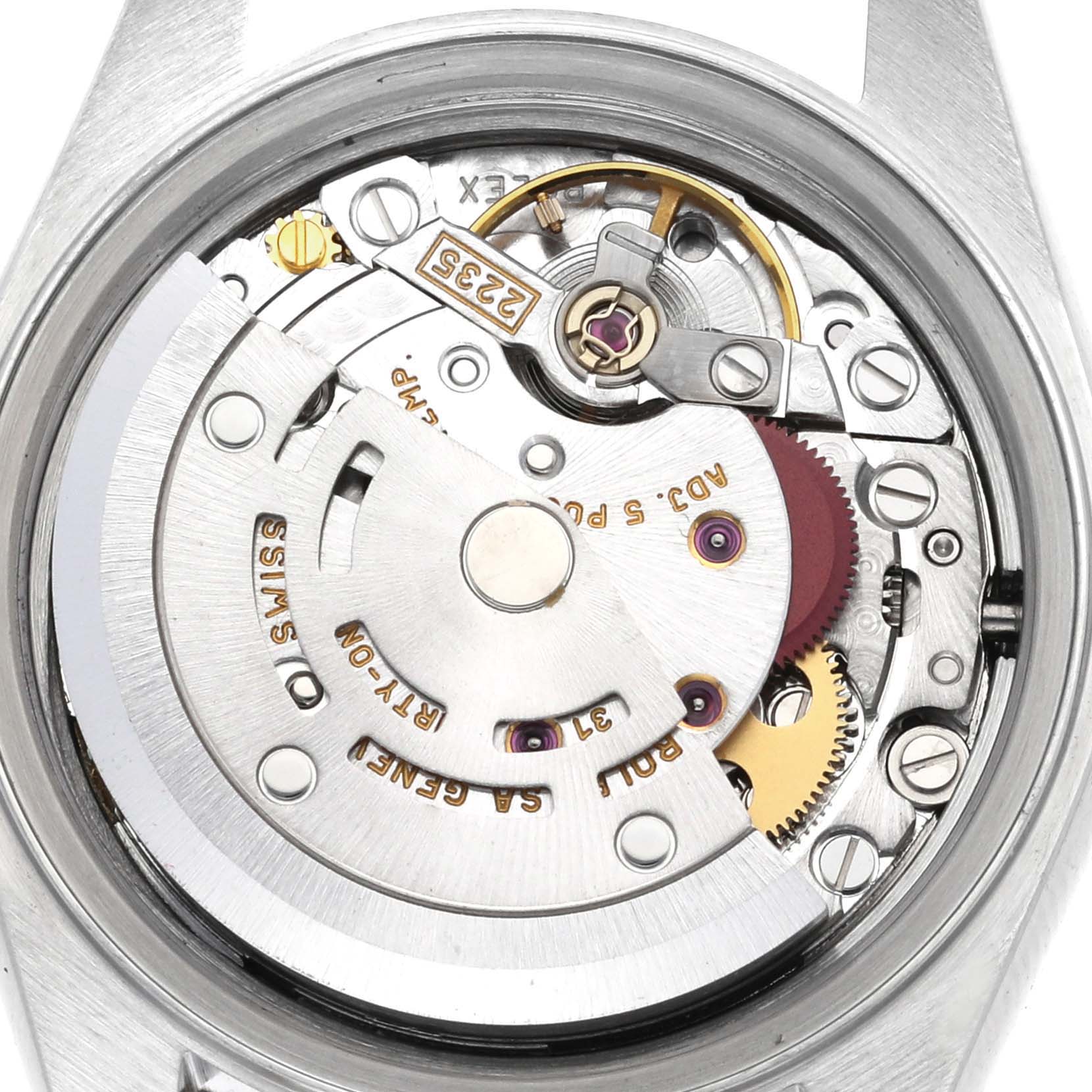 The image shows the inner mechanism and movement of a Rolex Datejust 79173G Women's Steel and Gold (two tone) Champagne Dial 79173G Women's Steel and Gold (two tone) Champagne Dial watch from a top-down angle.