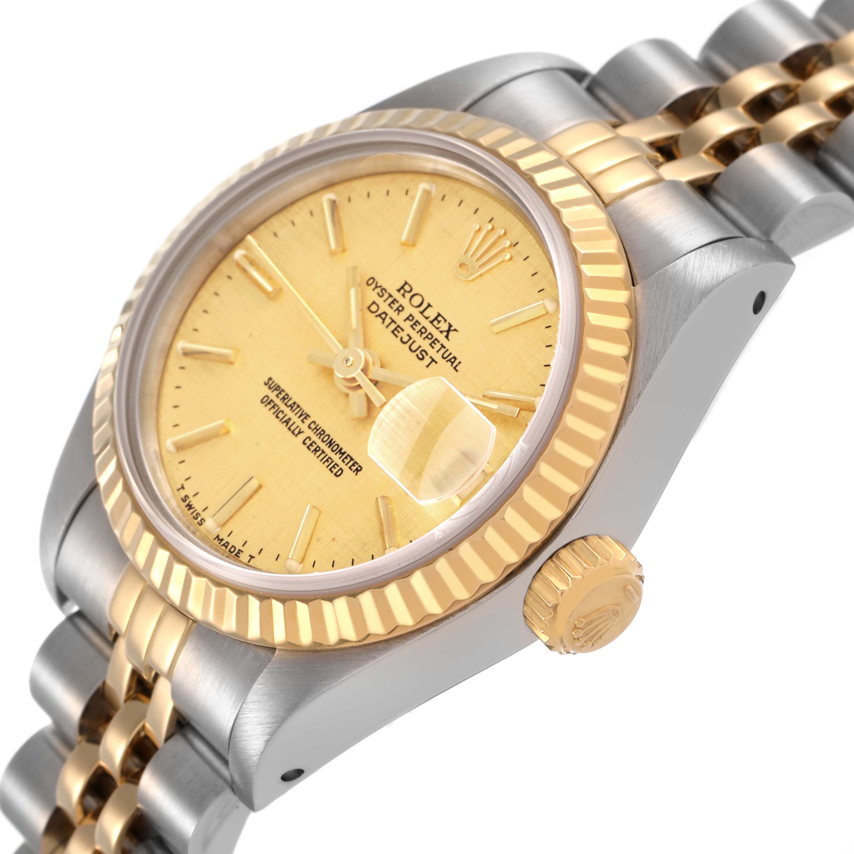 The image shows a Rolex Datejust 69173 Women's Steel and Gold (two tone) Champagne Dial at an angled side view, highlighting the gold bezel, dial, crown, and Jubilee bracelet.