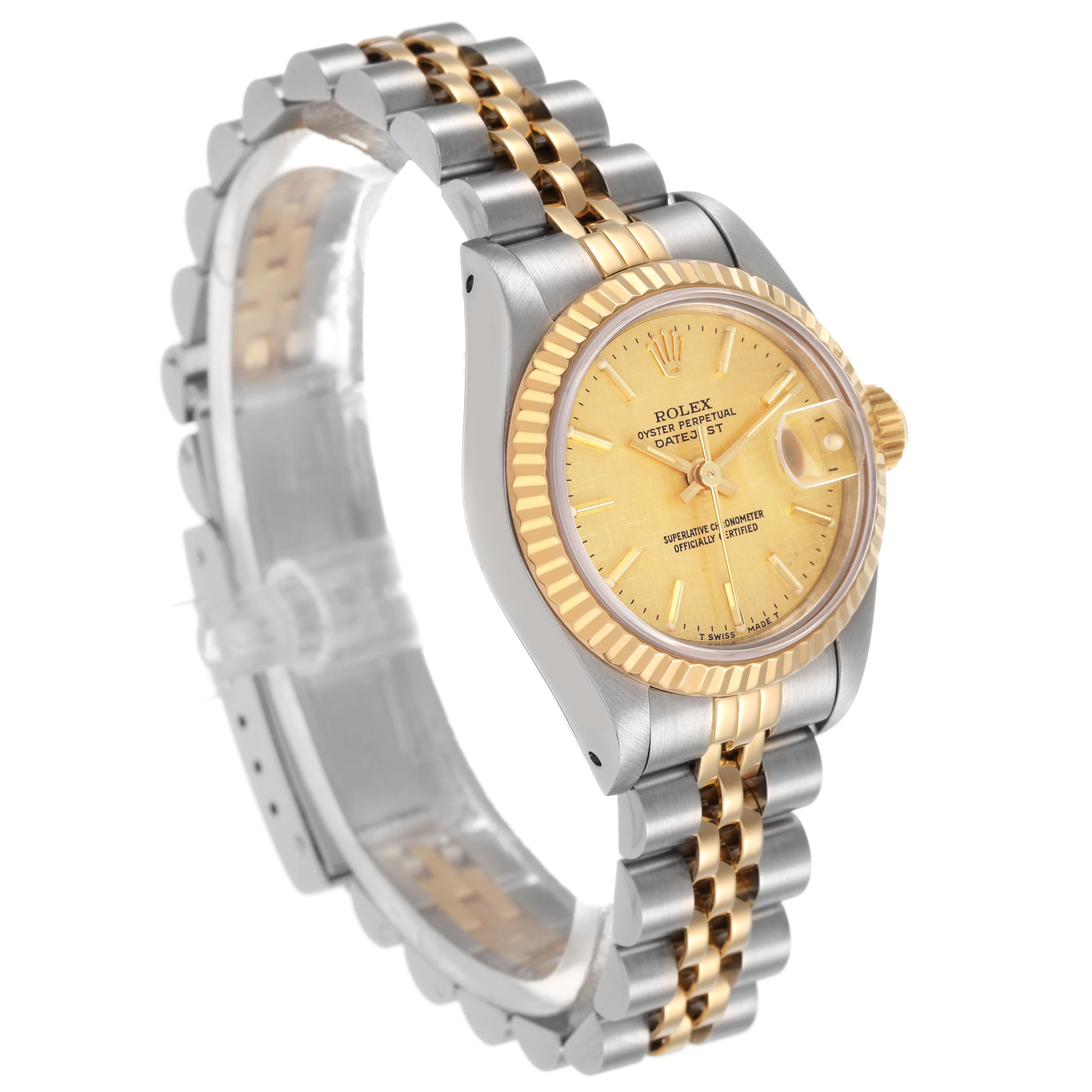 The Rolex Datejust 69173 Women's Steel and Gold (two tone) Champagne Dial watch is shown at a three-quarter angle, displaying the dial, fluted bezel, and two-tone bracelet.