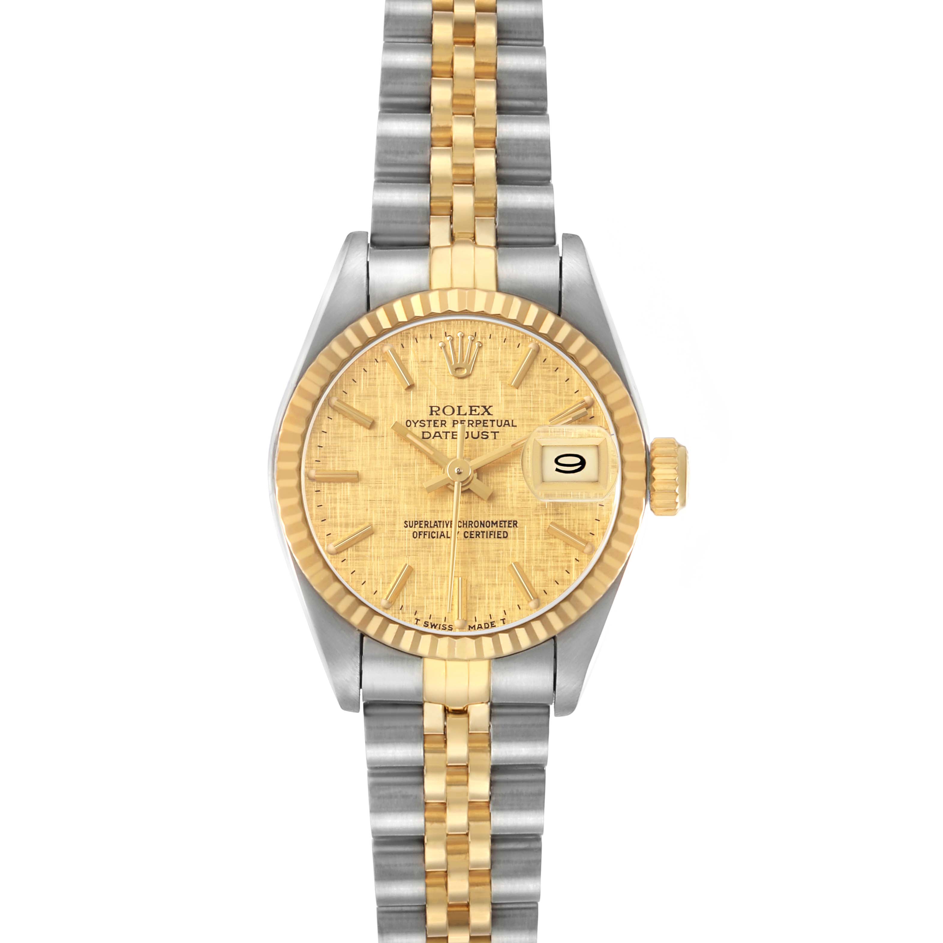 The Rolex Datejust 69173 Women's Steel and Gold (two tone) Champagne Dial watch is shown from the front, displaying the dial, bezel, fluted case, crown, and Jubilee bracelet.