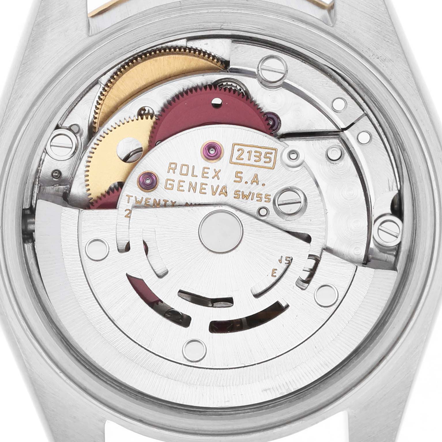 The image shows the movement of a Rolex Datejust 69173 Women's Steel and Gold (two tone) Champagne Dial watch from a rear angle, highlighting gears and the rotor.