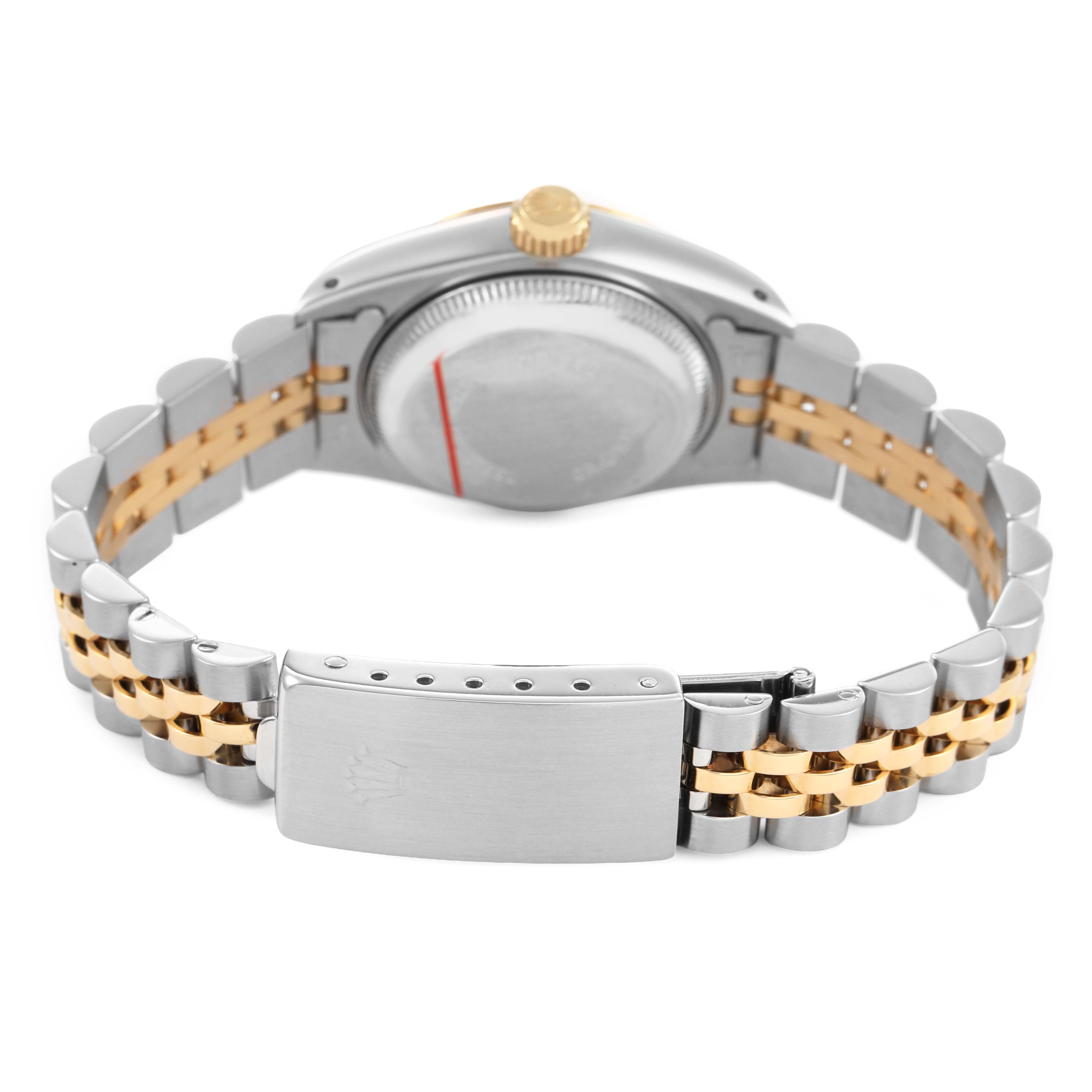 The image shows the back view of a Rolex Datejust 69173 Women's Steel and Gold (two tone) Champagne Dial watch, highlighting the case back, crown, and two-tone bracelet with clasp.