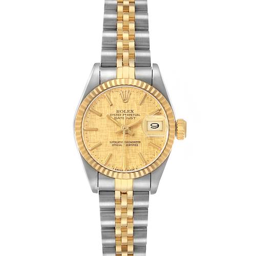 The Rolex Datejust 69173 Women's Steel and Gold (two tone) Champagne Dial watch is shown from the front, highlighting its dial, bezel, and bracelet.