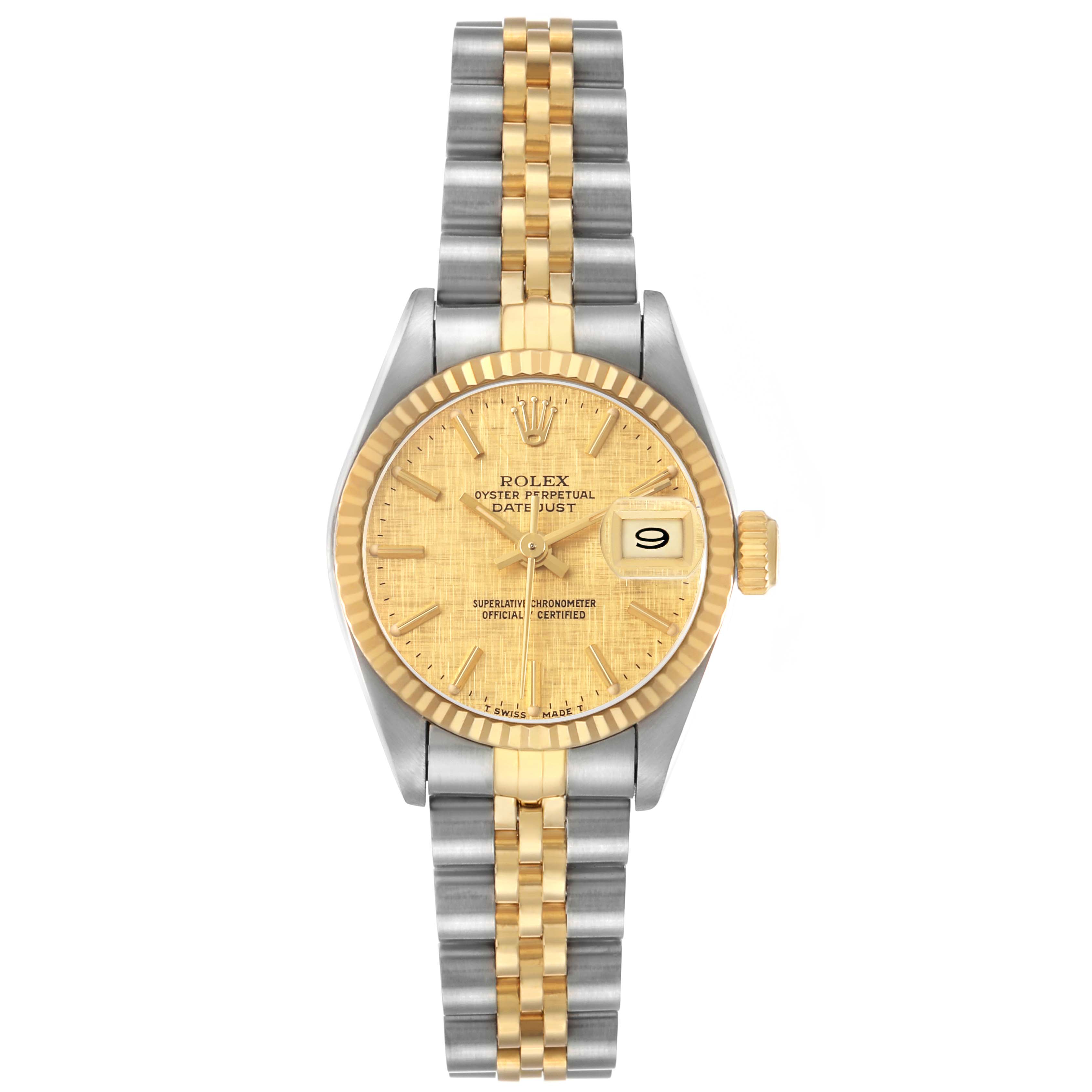 The Rolex Datejust 69173 Women's Steel and Gold (two tone) Champagne Dial watch is shown from a top-down angle, displaying the bezel, dial, hands, crown, and two-tone bracelet.