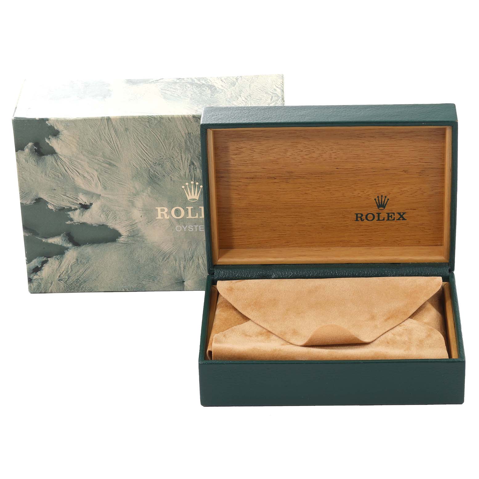 This image shows the open box and sleeve for a Vintage Collection model by Rolex, displaying the box
s interior and exterior design.