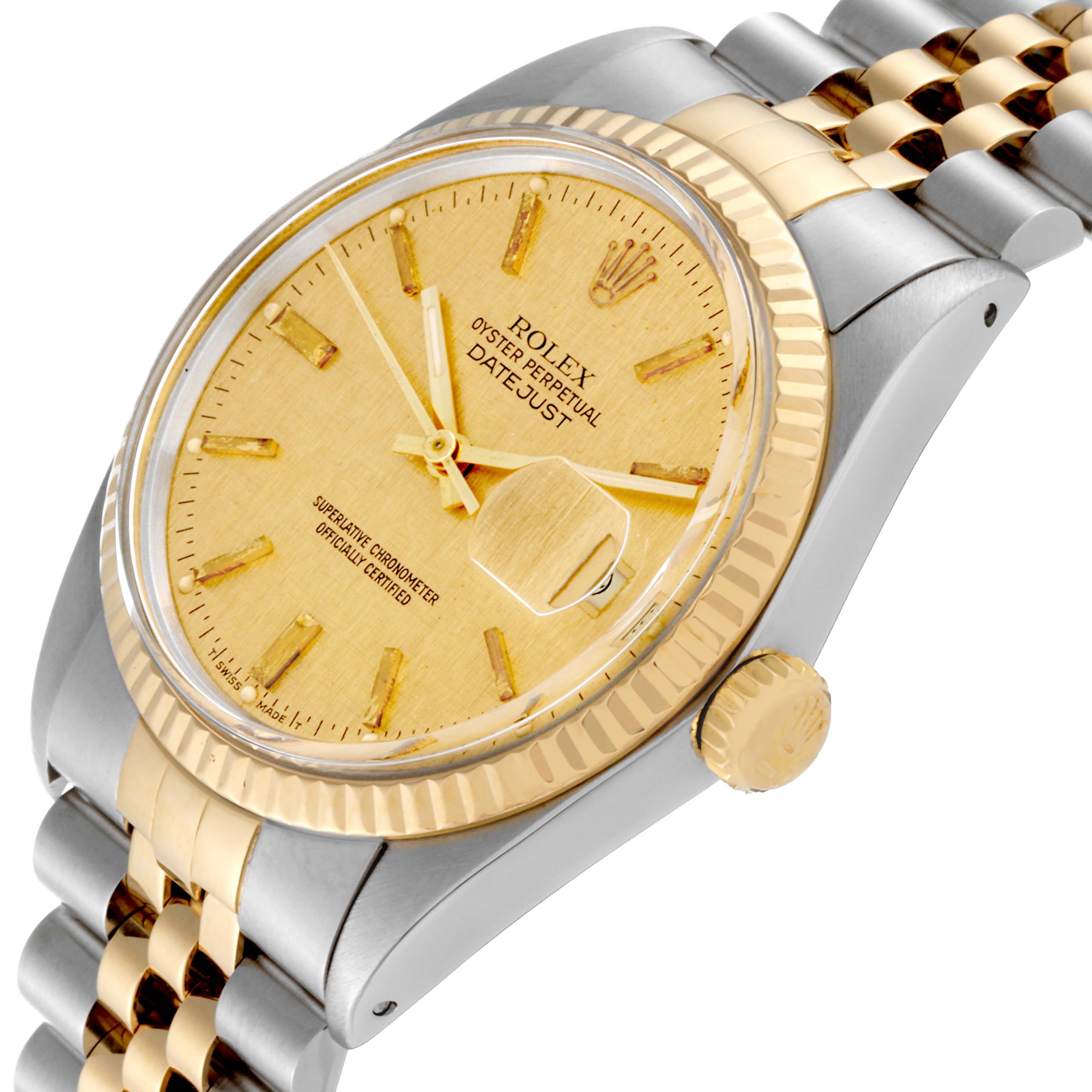 The Rolex Vintage Collection 16013 Men
s Steel and Gold (two tone) Champagne Dial 16013 Men
s Steel and Gold (two tone) Champagne Dial model is shown at an angled view, featuring its dial, bezel, crown, and part of its bracelet.