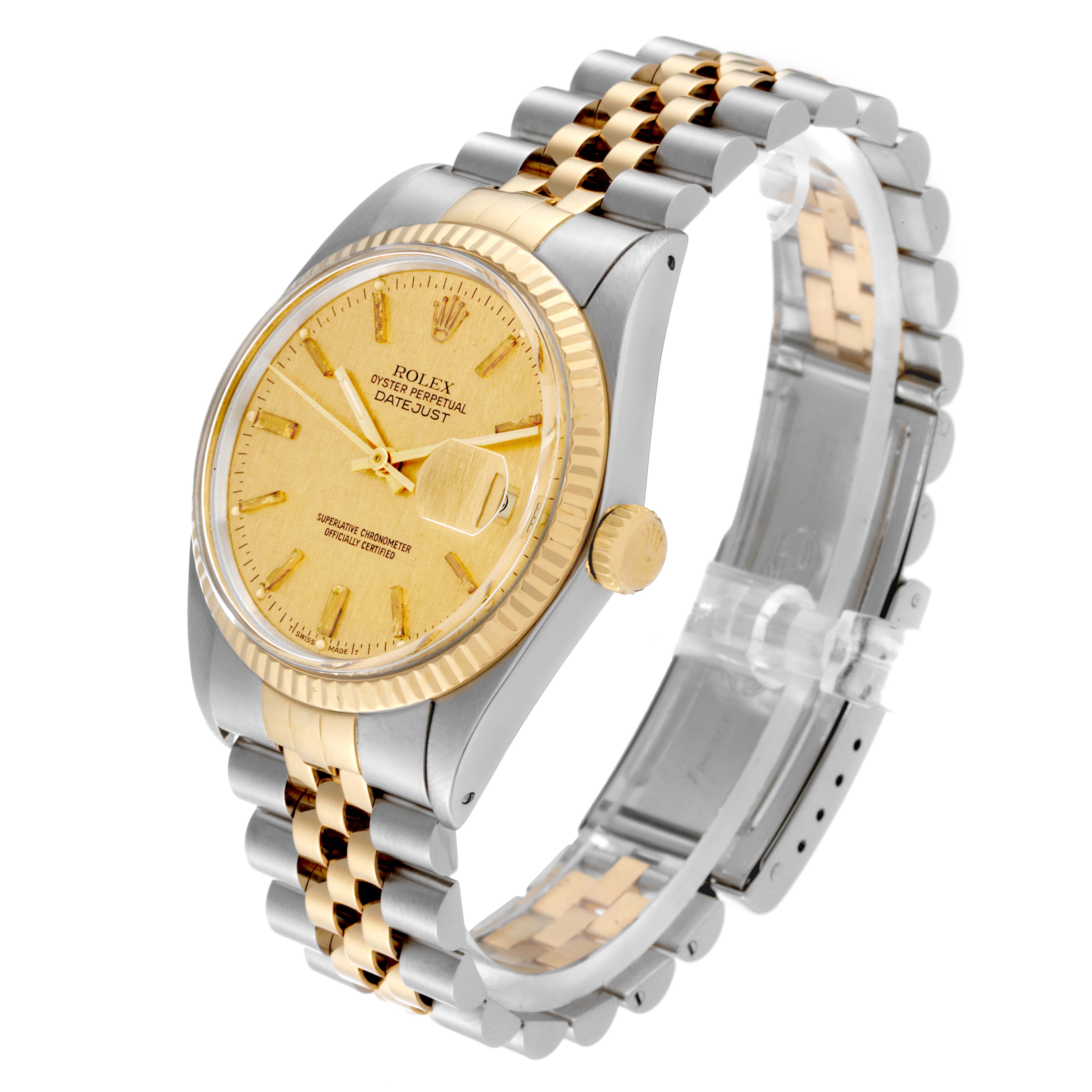 This is a side-view angle showcasing the dial, bezel, crown, and bracelet of the Rolex Vintage Collection 16013 Men
s Steel and Gold (two tone) Champagne Dial 16013 Men
s Steel and Gold (two tone) Champagne Dial model watch.