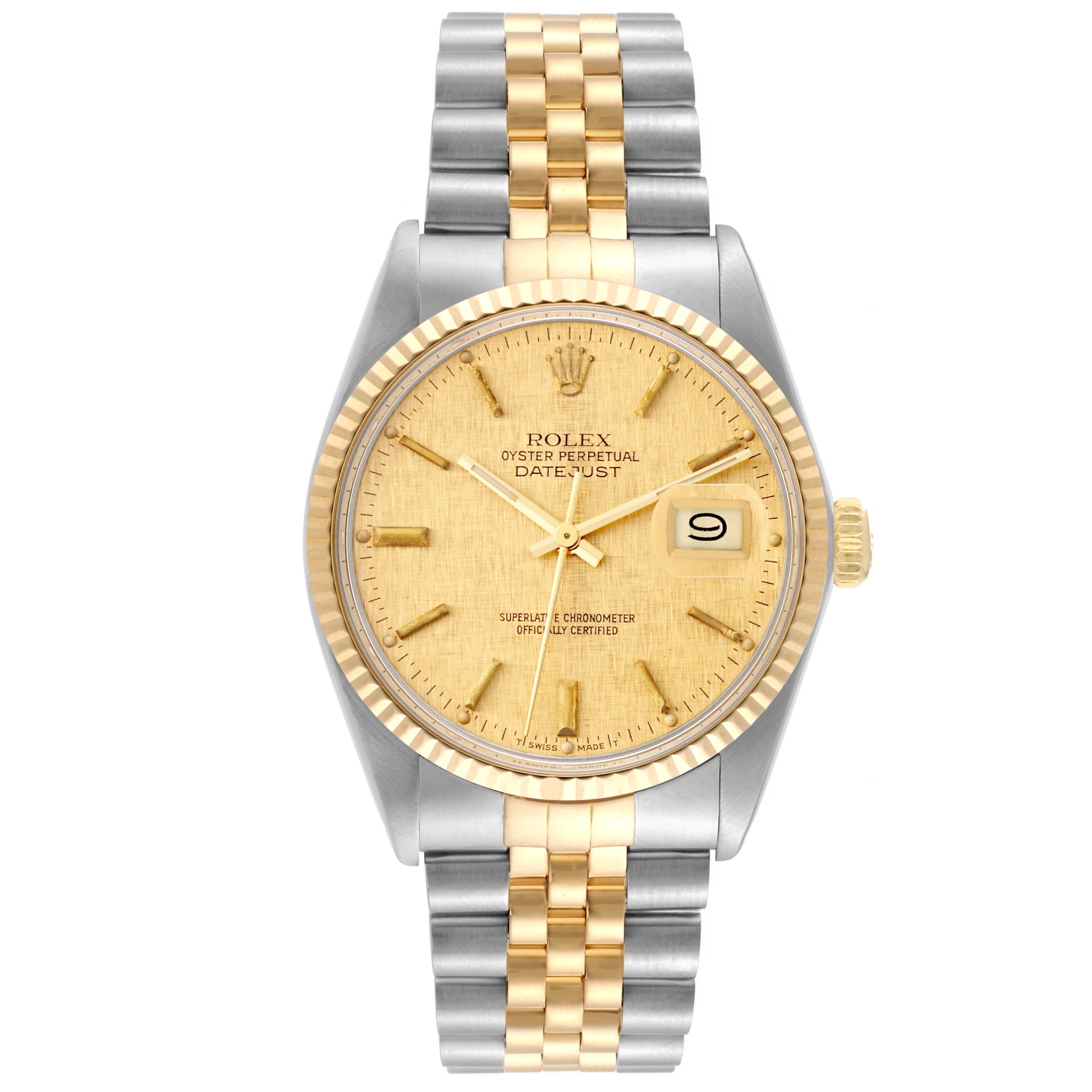 This is a full, front view of a Rolex Vintage Collection 16013 Men
s Steel and Gold (two tone) Champagne Dial 16013 Men
s Steel and Gold (two tone) Champagne Dial Oyster Perpetual Datejust watch, showing its face, bezel, and two-tone metal bracelet.