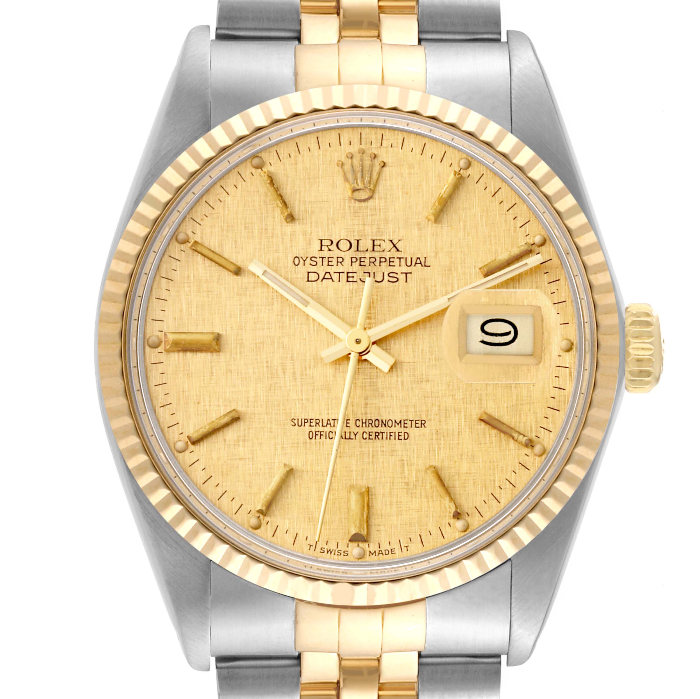 The image shows the Rolex Vintage Collection 16013 Men
s Steel and Gold (two tone) Champagne Dial 16013 Men
s Steel and Gold (two tone) Champagne Dial watch, Oyster Perpetual Datejust model, from a front angle highlighting the face, bezel, and part of the bracelet.