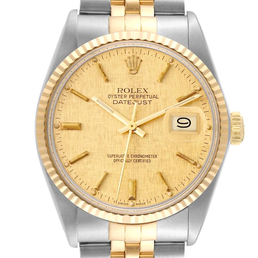 Rolex Datejust Steel Yellow Gold Champagne Linen Dial Vintage Mens Watch 16013