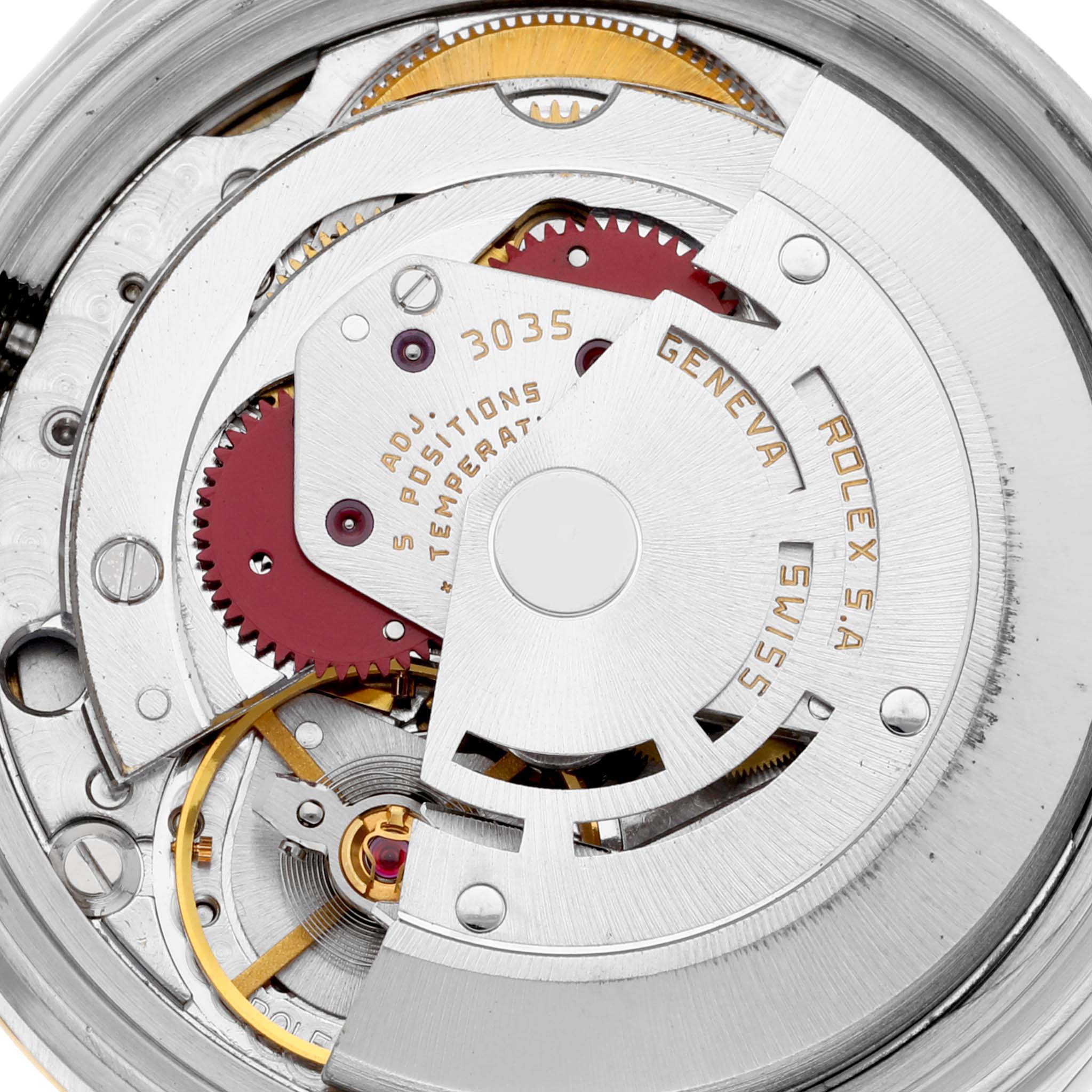 This is a close-up view of the inner movement mechanism of the Rolex Vintage Collection 16013 Men
s Steel and Gold (two tone) Champagne Dial 16013 Men
s Steel and Gold (two tone) Champagne Dial watch, showing gears and components.